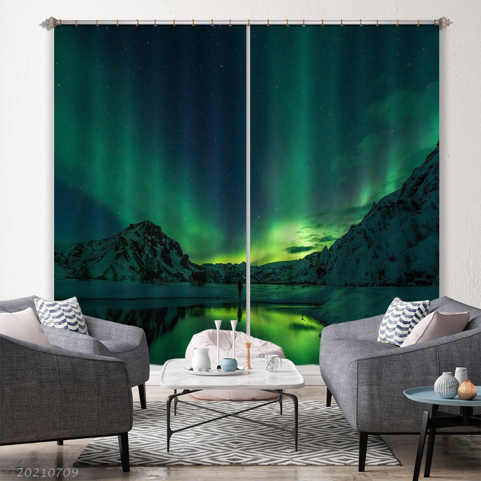 3D Green Aurora Mountain Lake Landscape Curtains and Drapes LQH 101- Jess Art Decoration