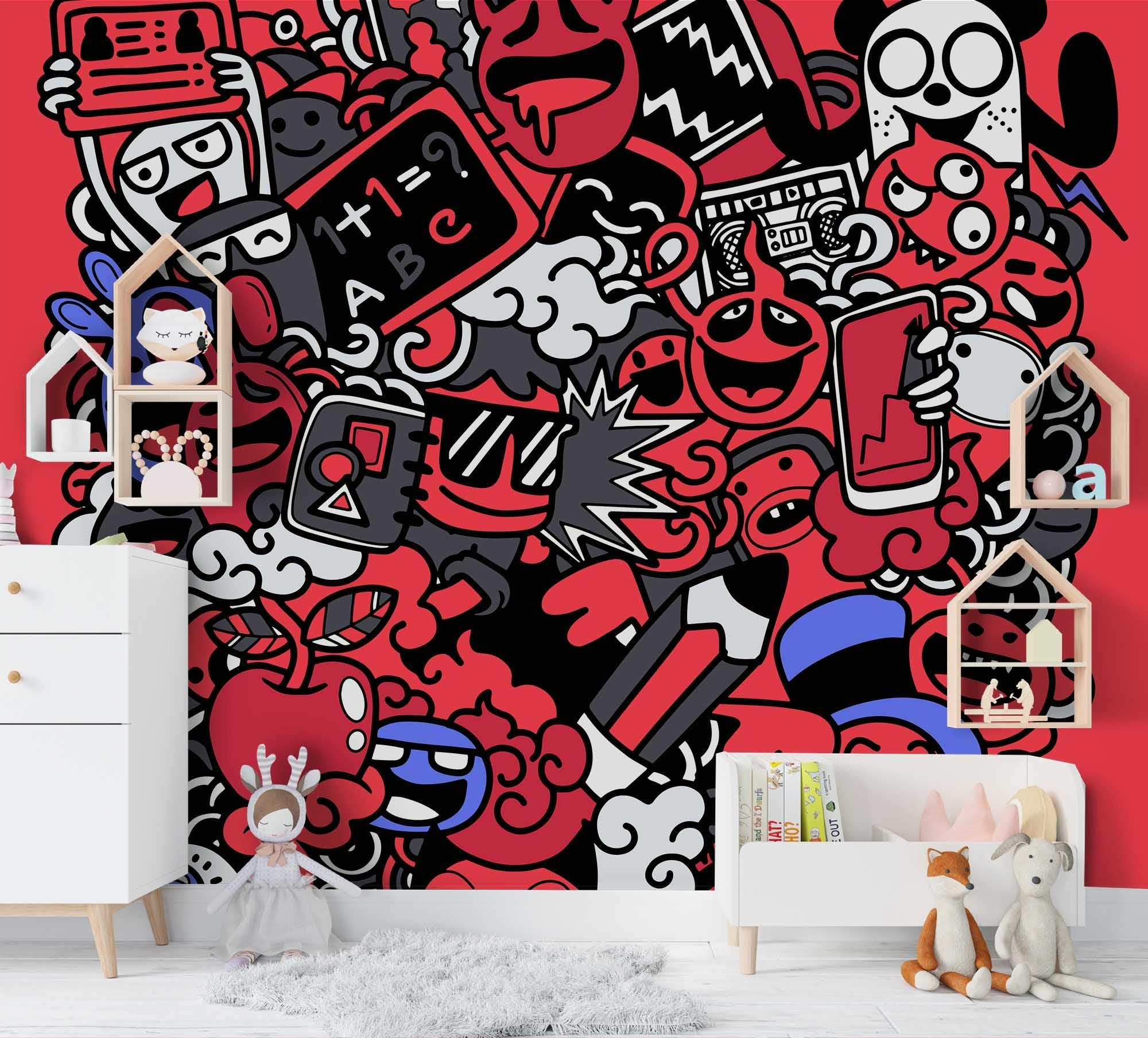 3D Red Cartoon Graffiti Wall Mural Wallpaper SF65- Jess Art Decoration