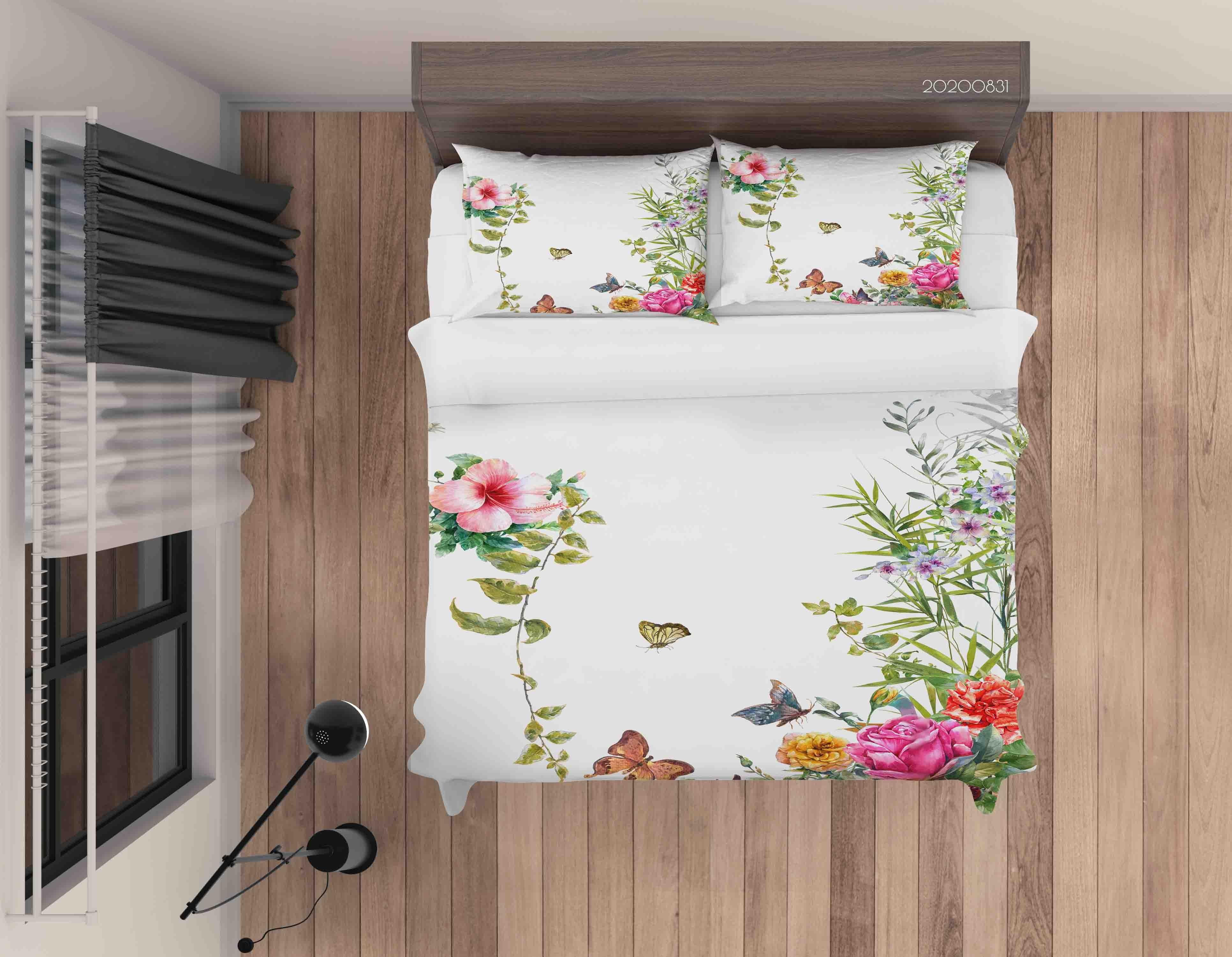 3D Watercolor Painting Leaves Flower Butterfly Quilt Cover Set Bedding Set Duvet Cover Pillowcases WJ 3496- Jess Art Decoration