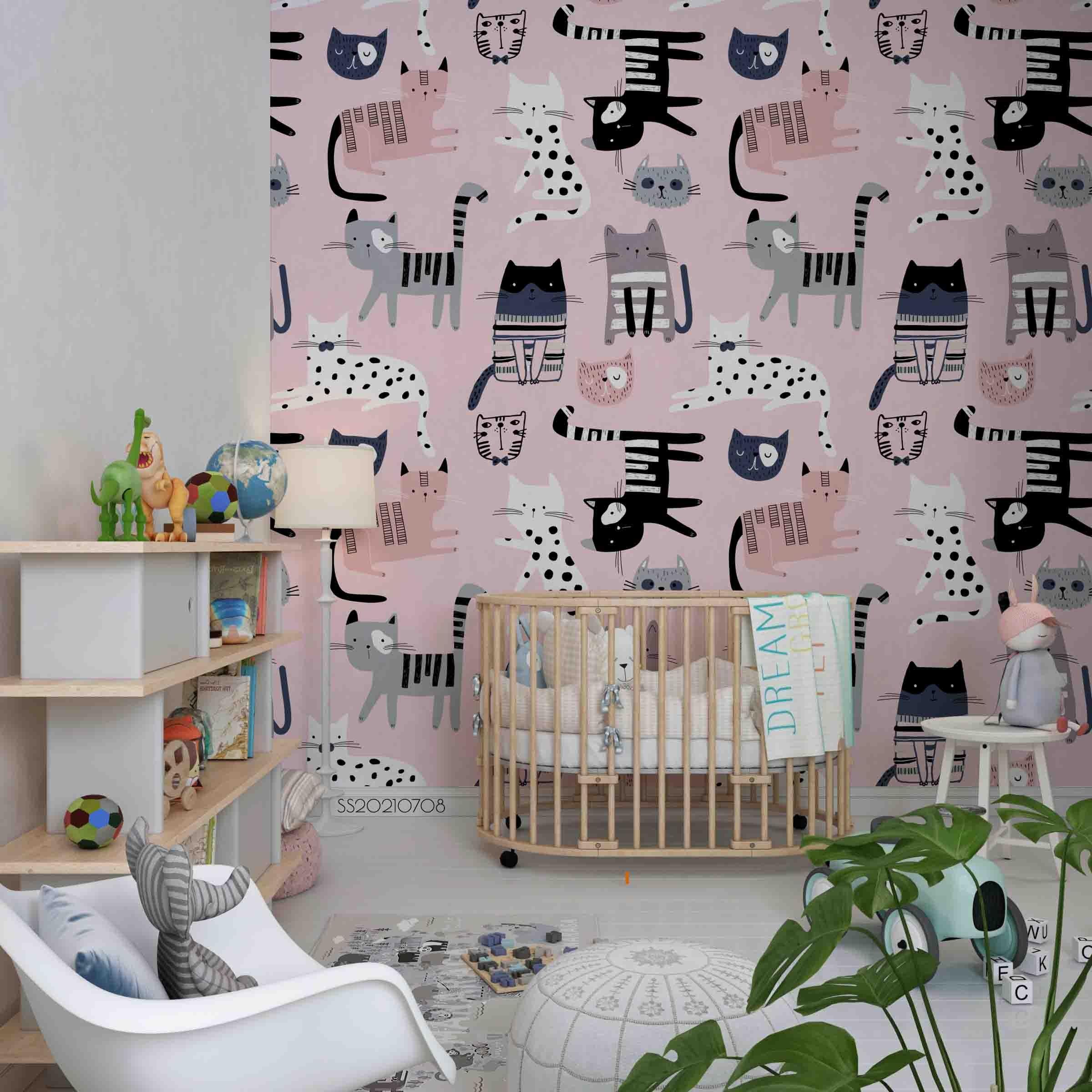 3D Cartoon Pink Animal Cat Wall Mural Wallpaper LQH 82- Jess Art Decoration