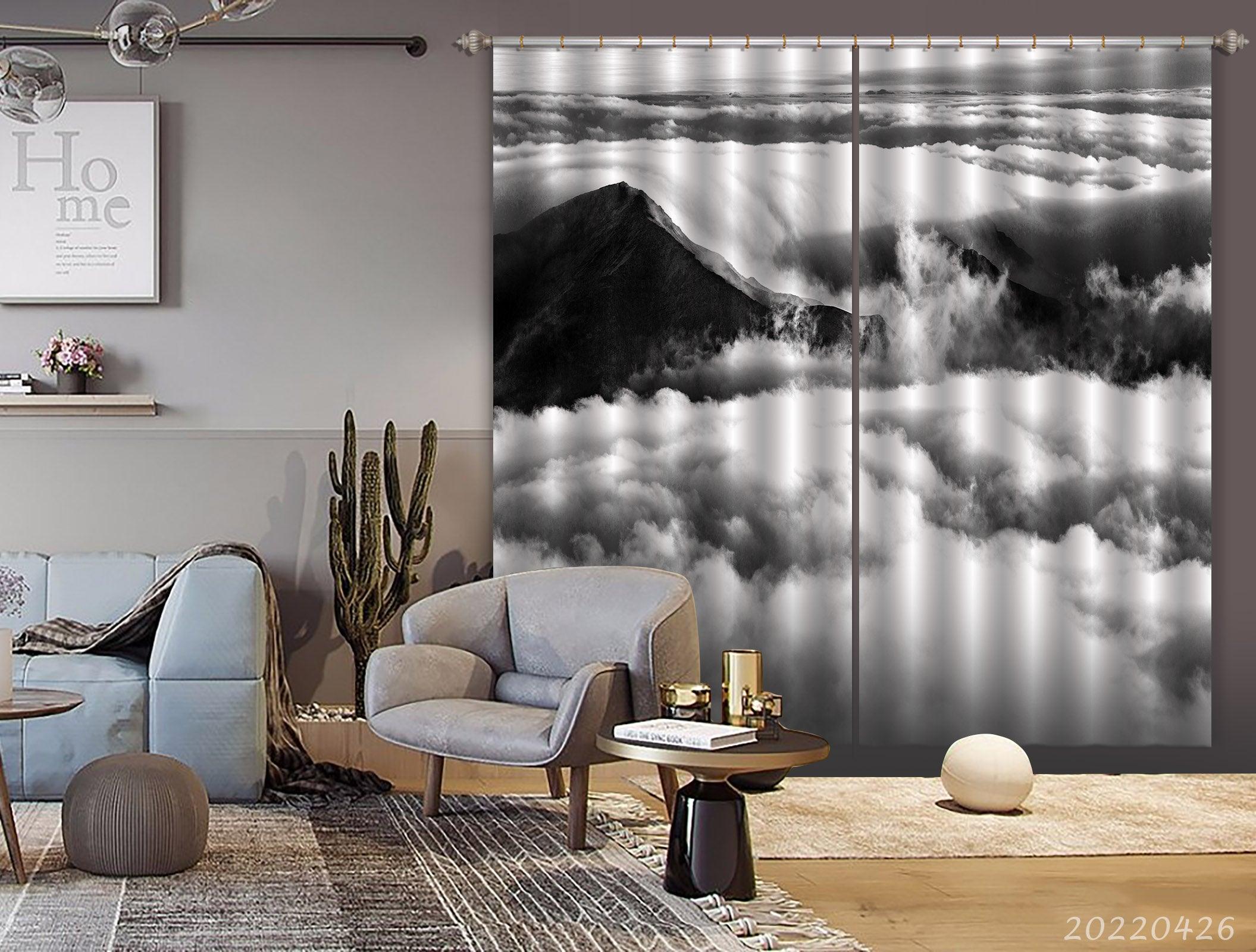 3D Landscape Mountain Peak Cloud Fog Black White Curtains and Drapes GD 4736- Jess Art Decoration