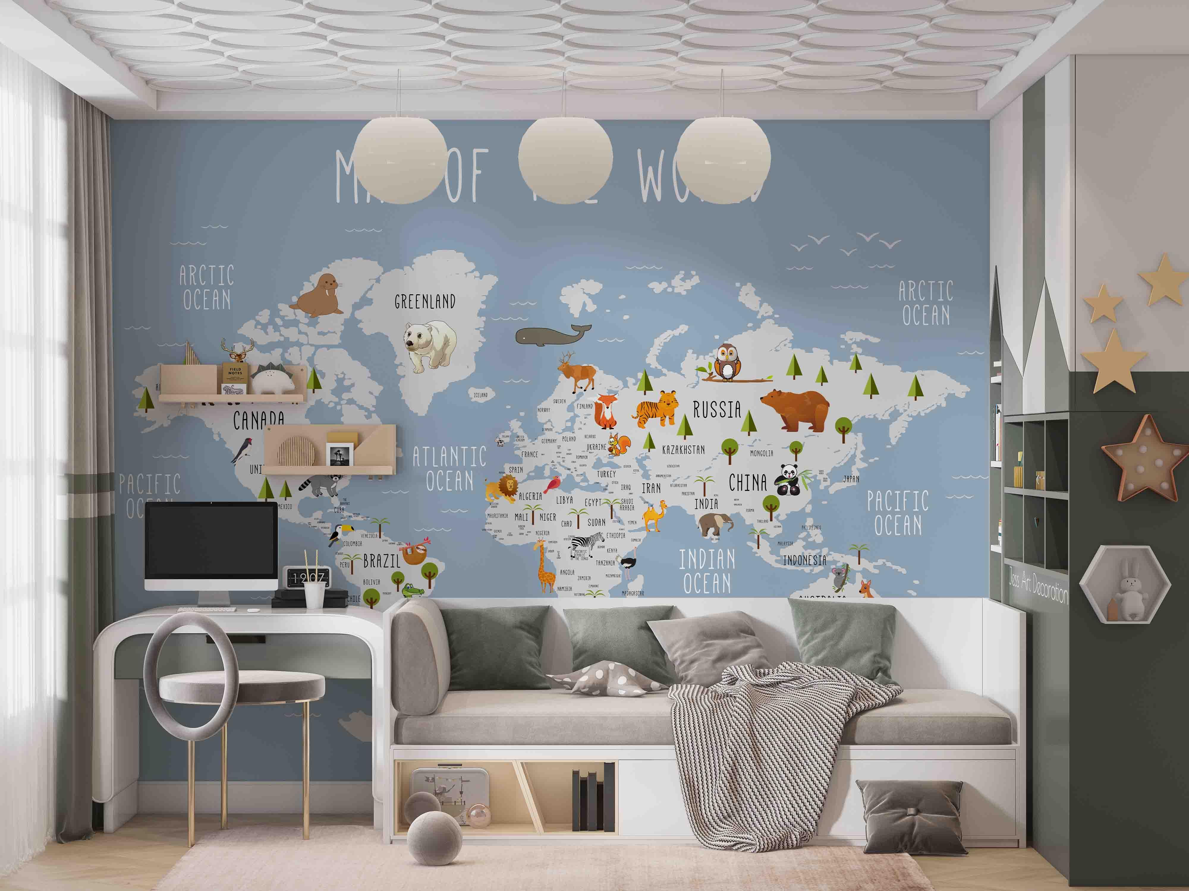 3D World Map Animal Wall Mural Wallpaper GD 2567- Jess Art Decoration
