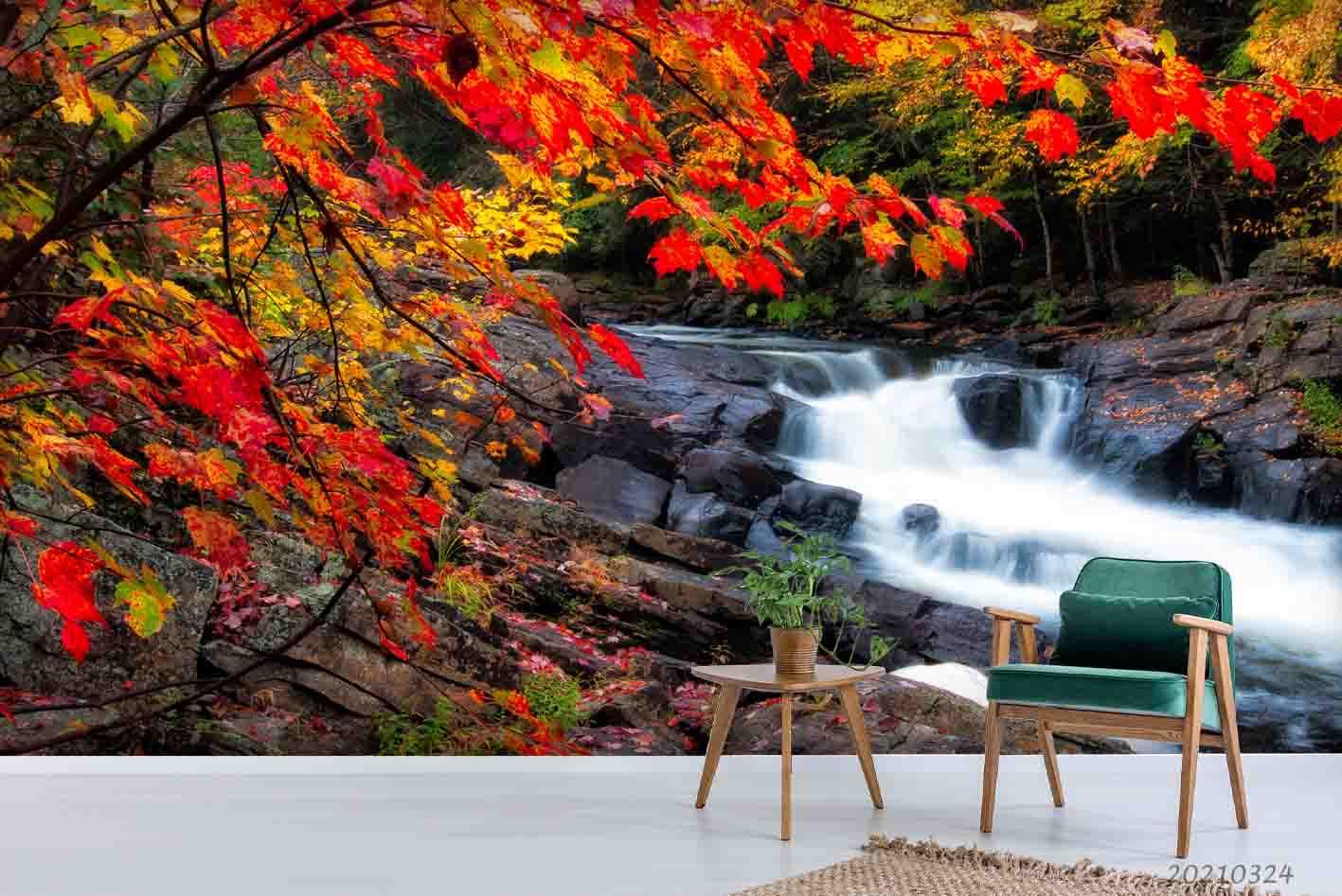 3D Forest Stream Maple Leaf Wall Mural Wallpaper LQH 15- Jess Art Decoration