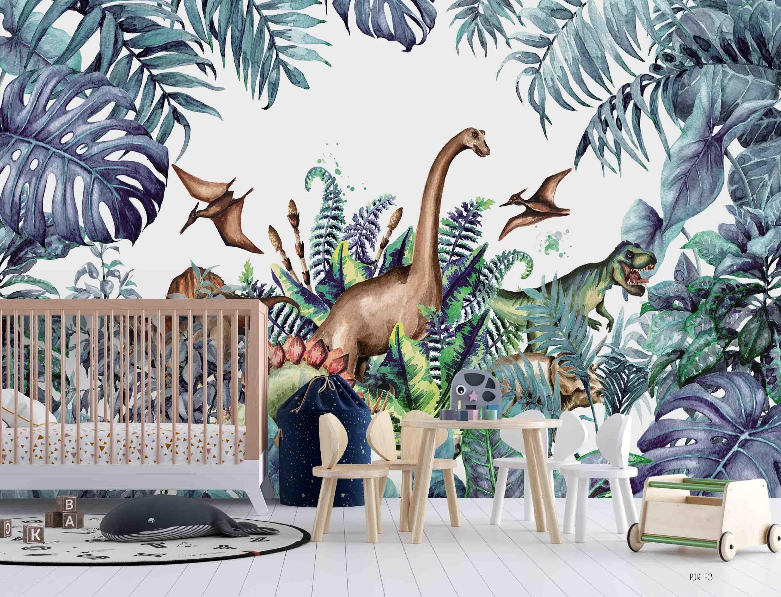 3D Dinosaur Jungle hand drawn dinosaur jungle scene wall mural wallpaper for kids room - view 2