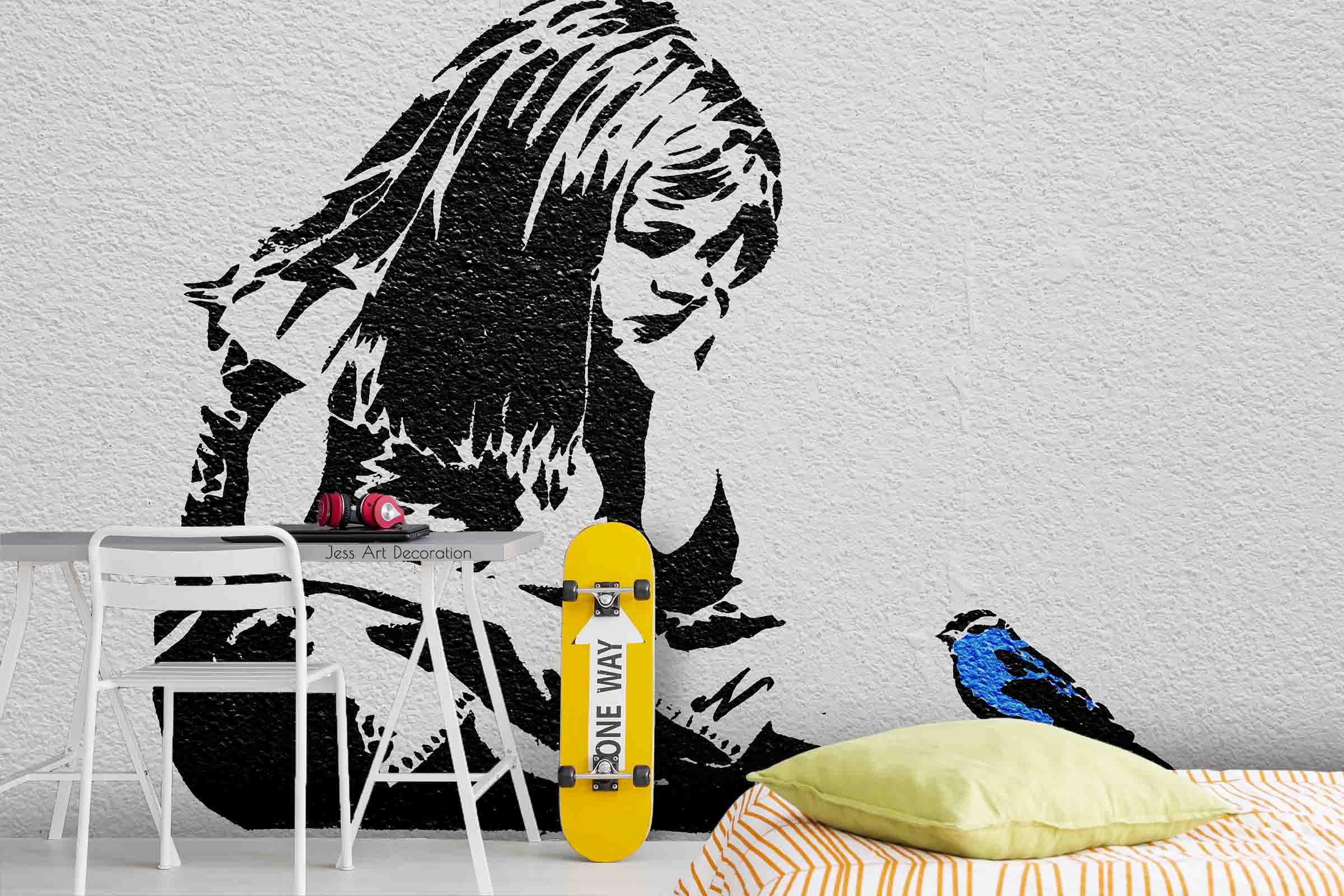 3D Sketch Girl Bird black white sketch girl mural wall mural wallpaper for bedroom