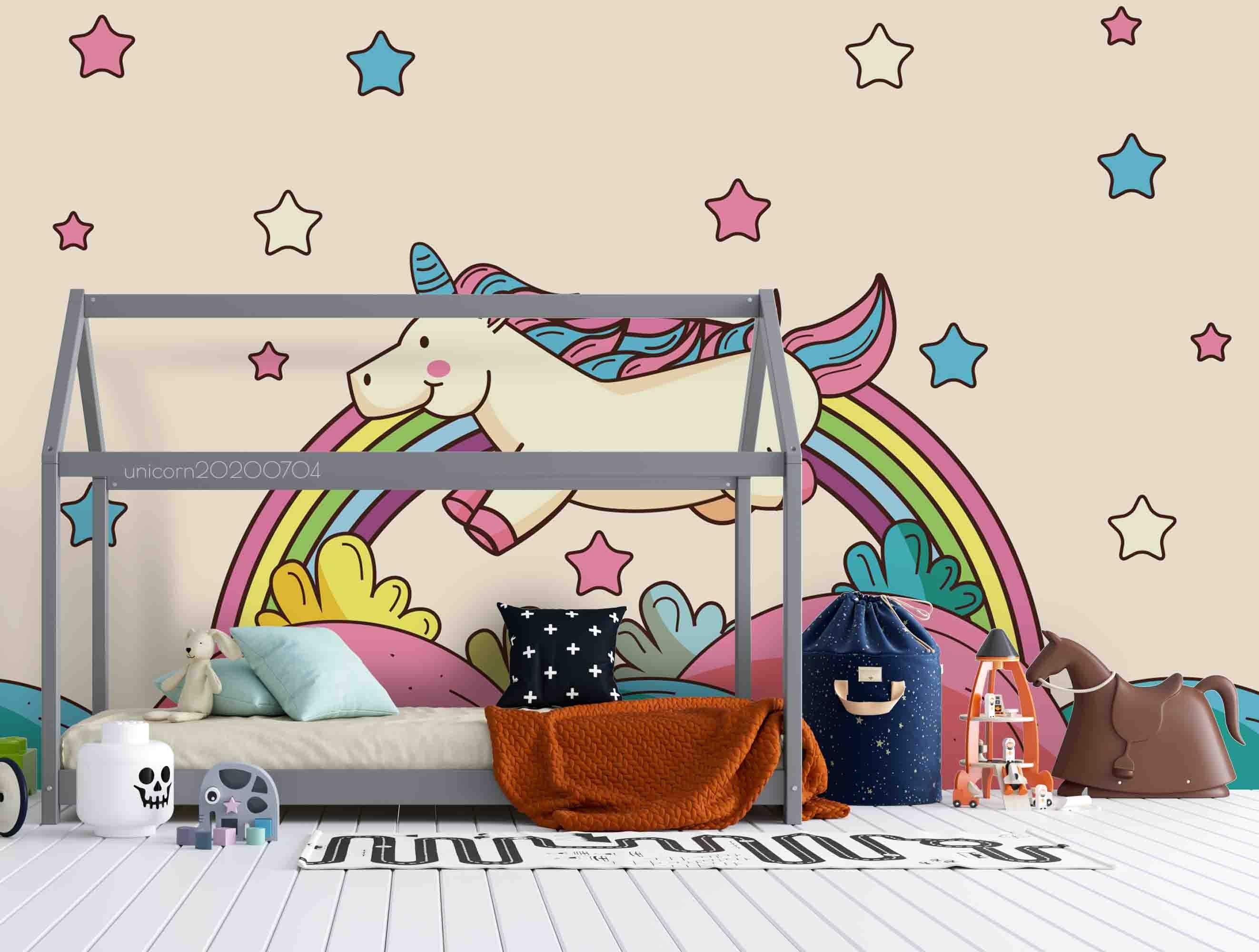 3D Cartoon Rainbow Unicorn Pink Star Wall Mural Wallpaper LXL 182- Jess Art Decoration