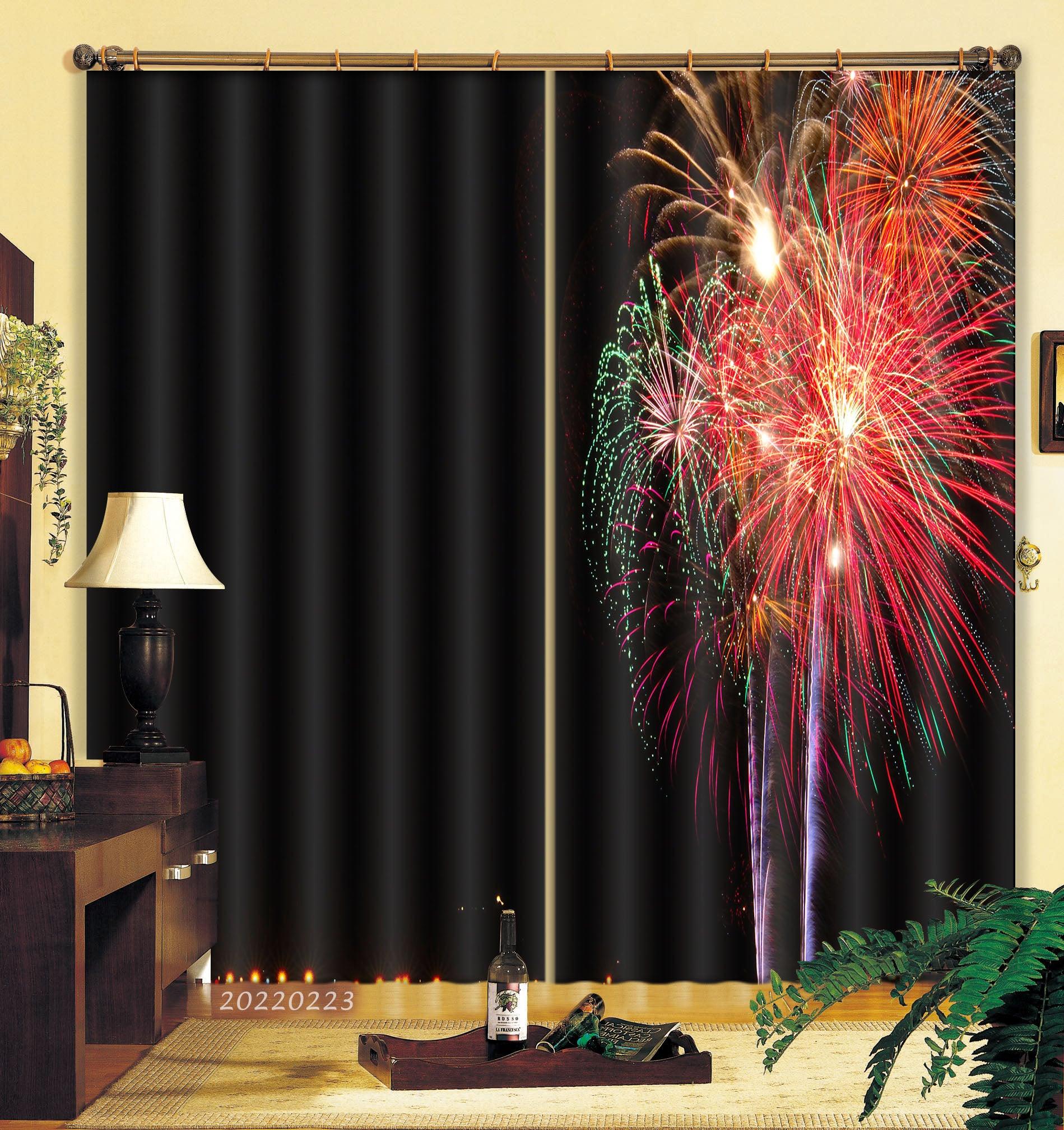 3D Colorful Fireworks Black Background Curtains and Drapes GD 2364- Jess Art Decoration