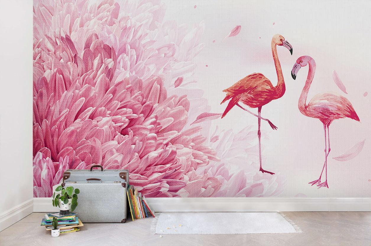 3D Red Pink Flamingo Flowers Wall Mural Wallpaper SF85- Jess Art Decoration