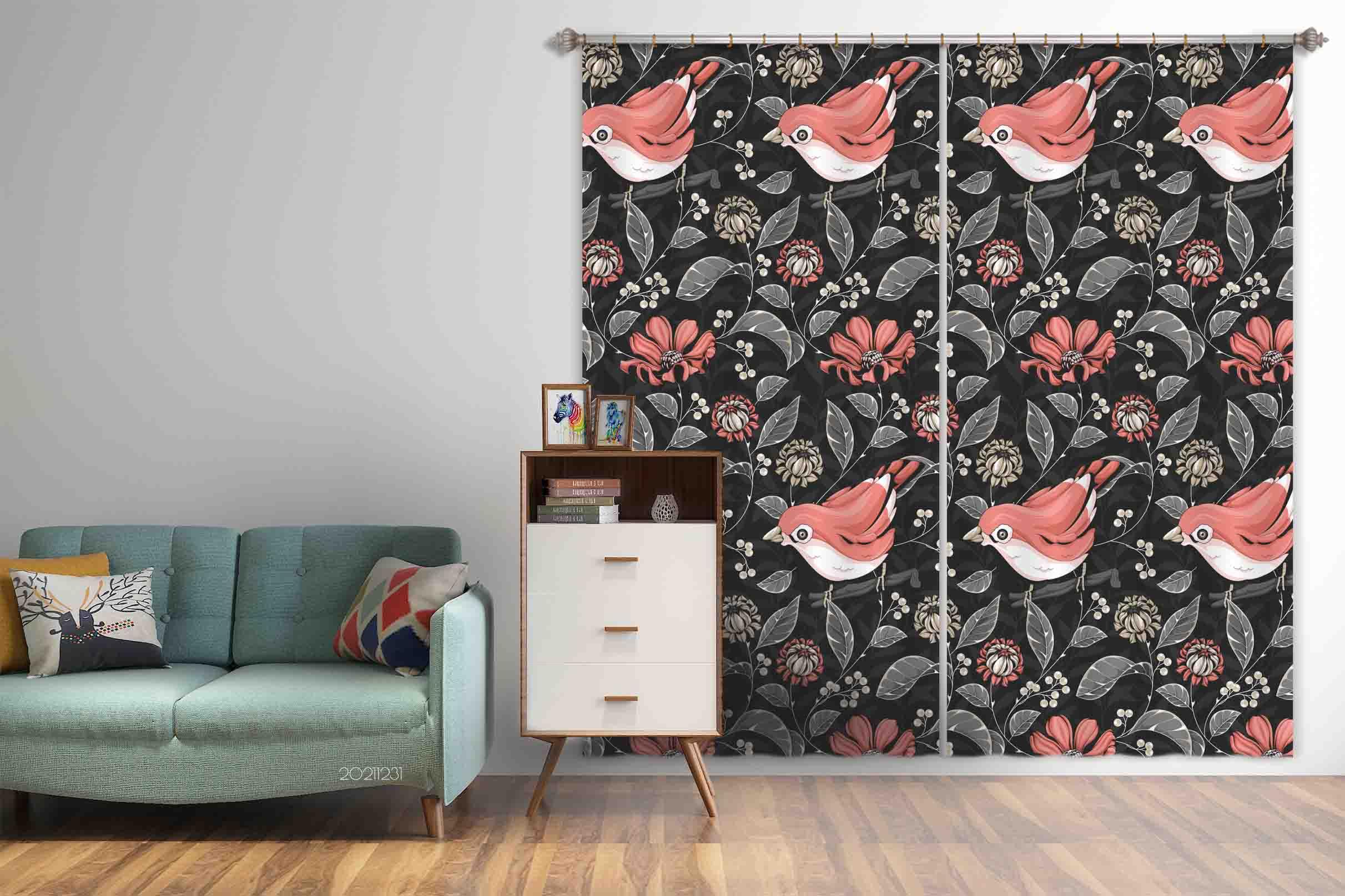 3D Vintage Plant Leaf Floral Pink Bird Curtains and Drapes GD 79- Jess Art Decoration