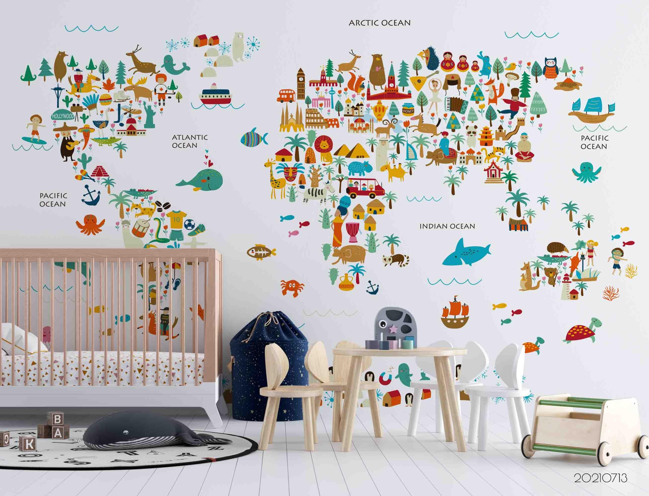 3D Cartoon World Map Animals Wall Mural Wallpaper LQH 200- Jess Art Decoration