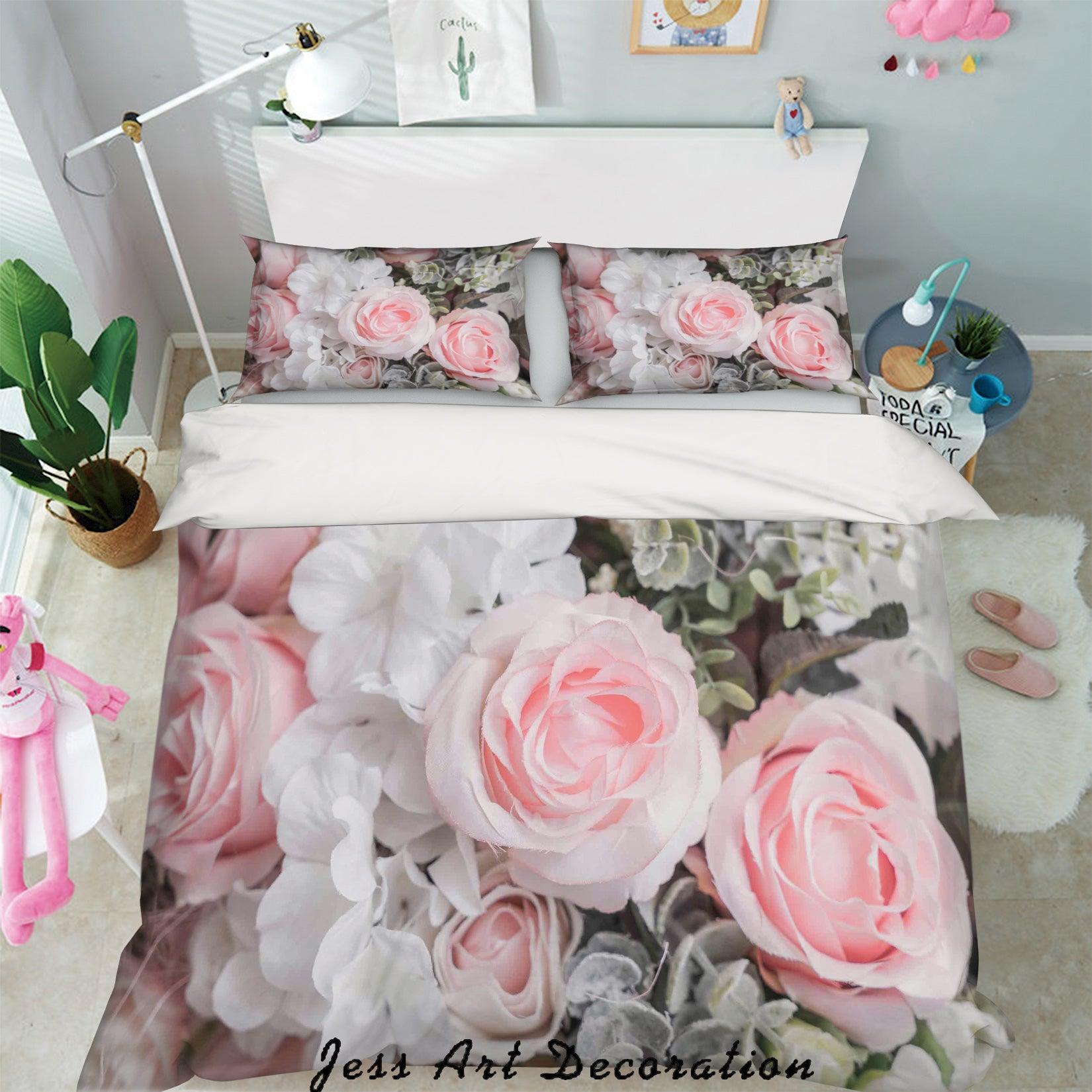 3D Pink White Rose Quilt Cover Set Bedding Set Pillowcases 55- Jess Art Decoration