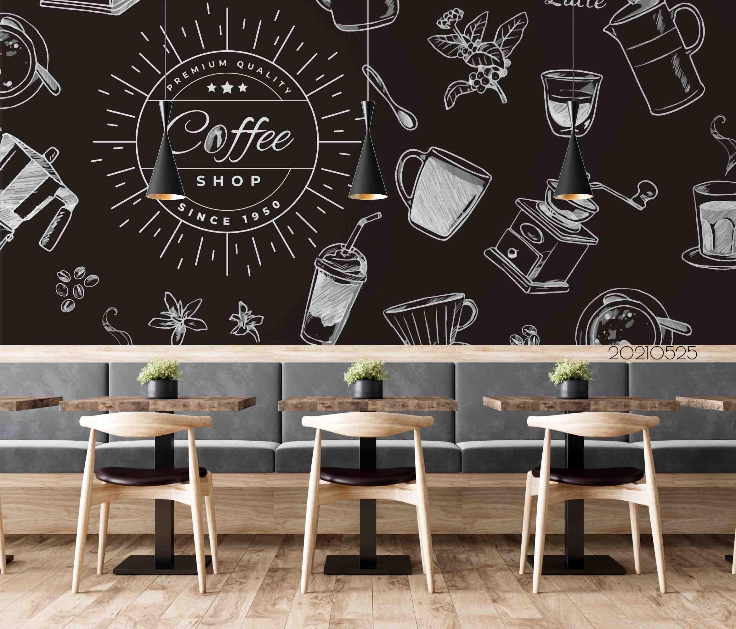 3D  Black  White  Coffee Shop Black Background   Wall Mural Wallpaper SWW12- Jess Art Decoration