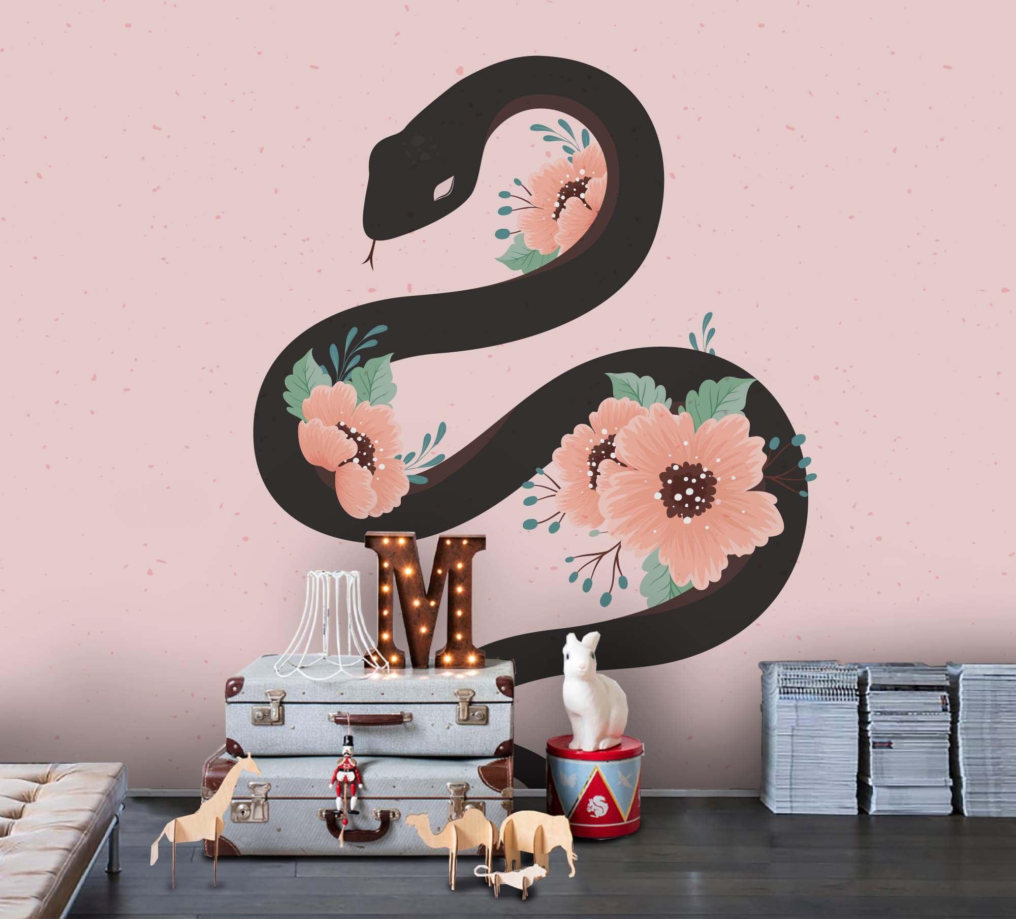 3D Black Snake Pink Floral Wall Mural Wallpaper 104 LQH- Jess Art Decoration