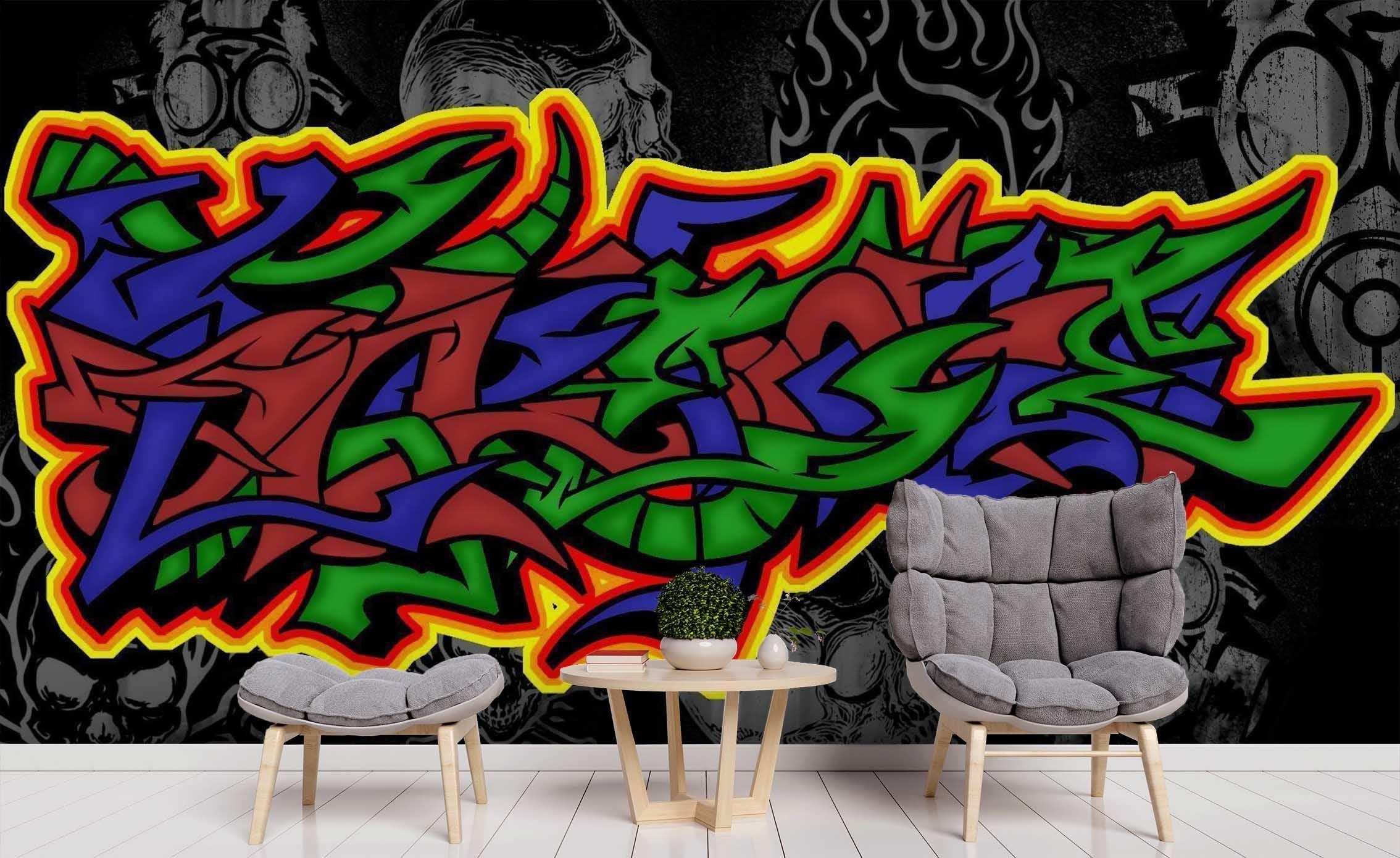 3D Dark Background Skull Colourful Graffiti Art Wall Mural Wallpaper ZY D38- Jess Art Decoration