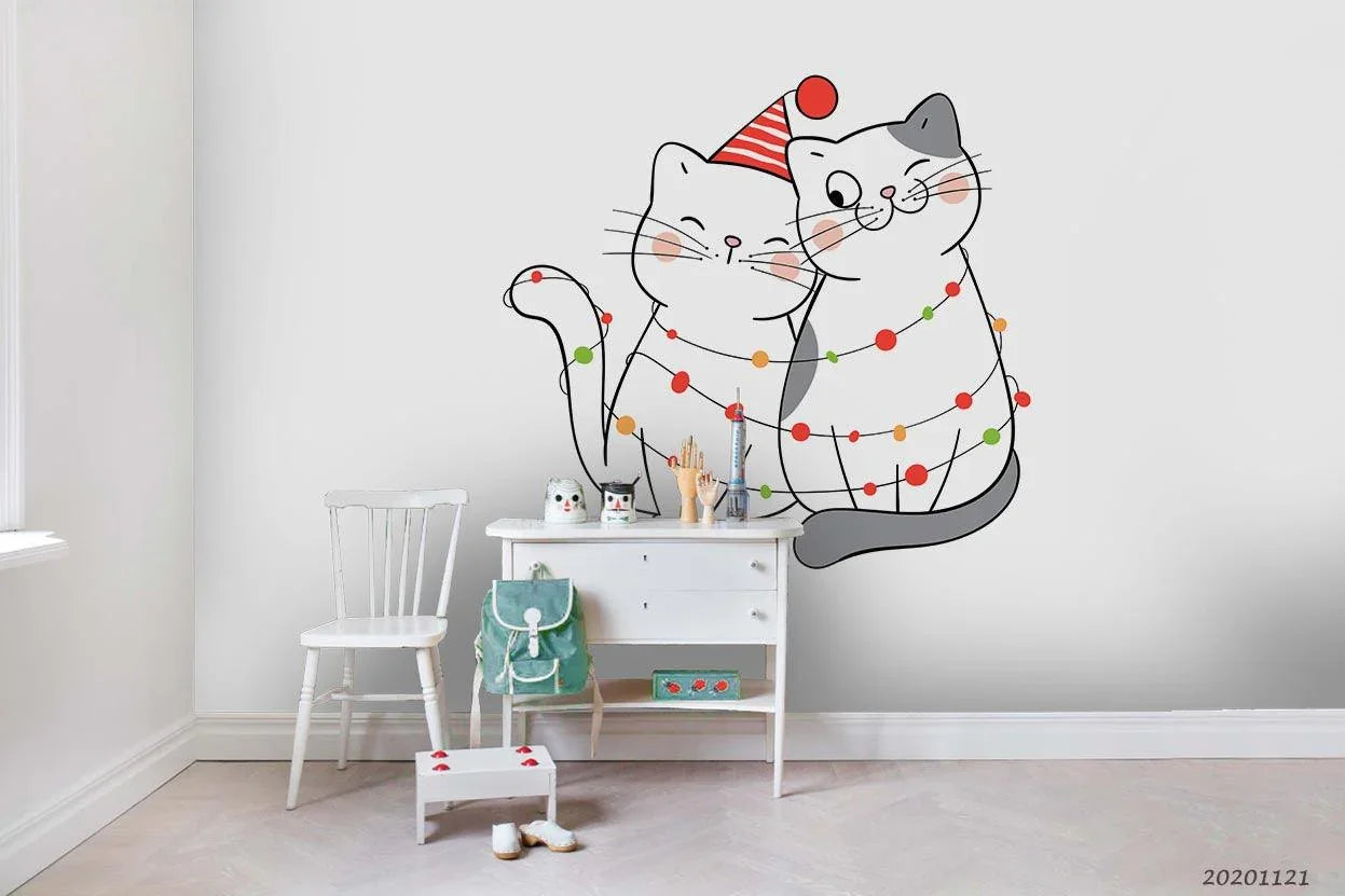 3D Cartoon Hand Drawn Couple Cat Animal Wall Mural Wallpaper LXL- Jess Art Decoration