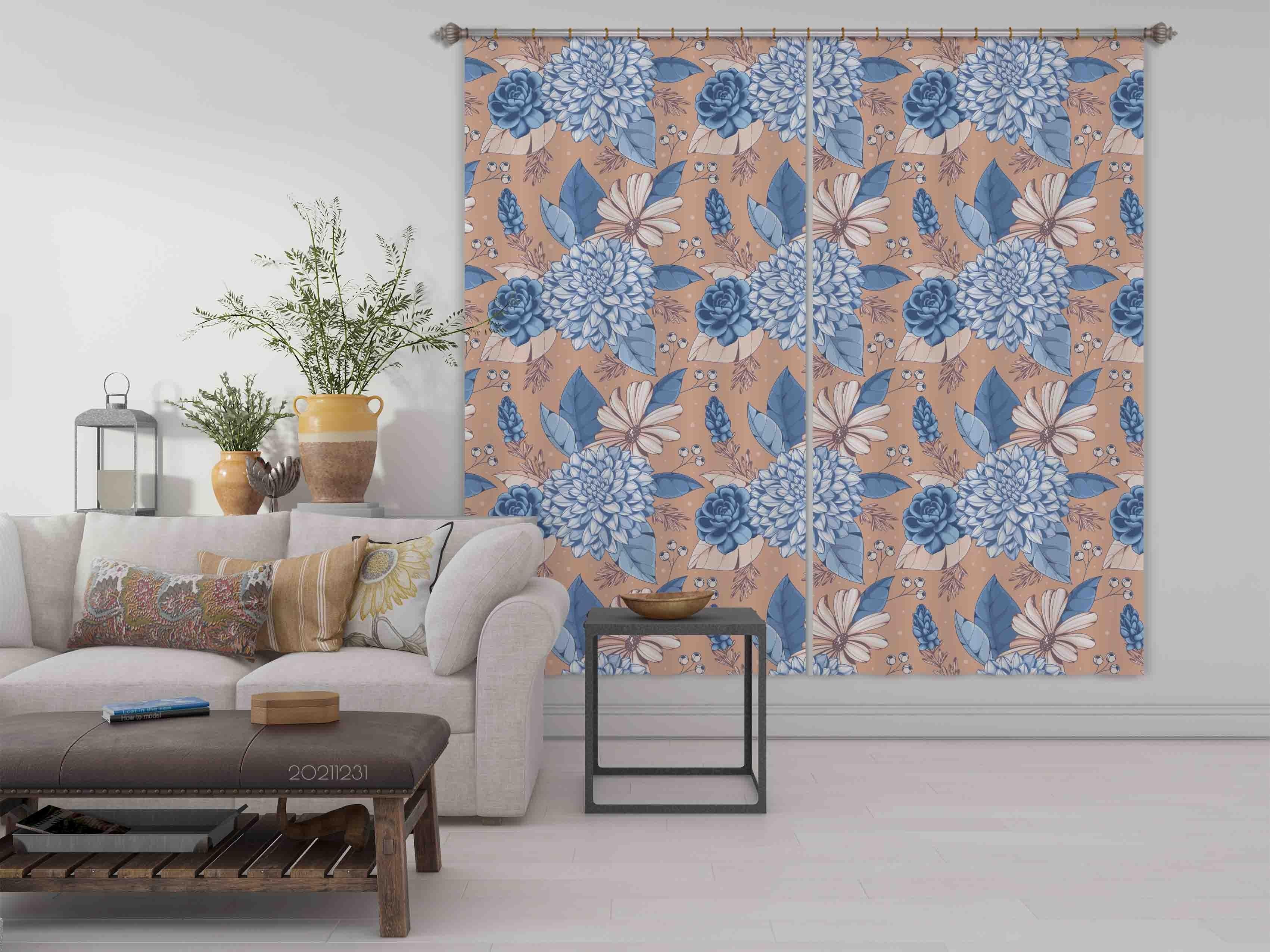 3D Vintage Blue Flower Leaf Curtains and Drapes GD 16- Jess Art Decoration