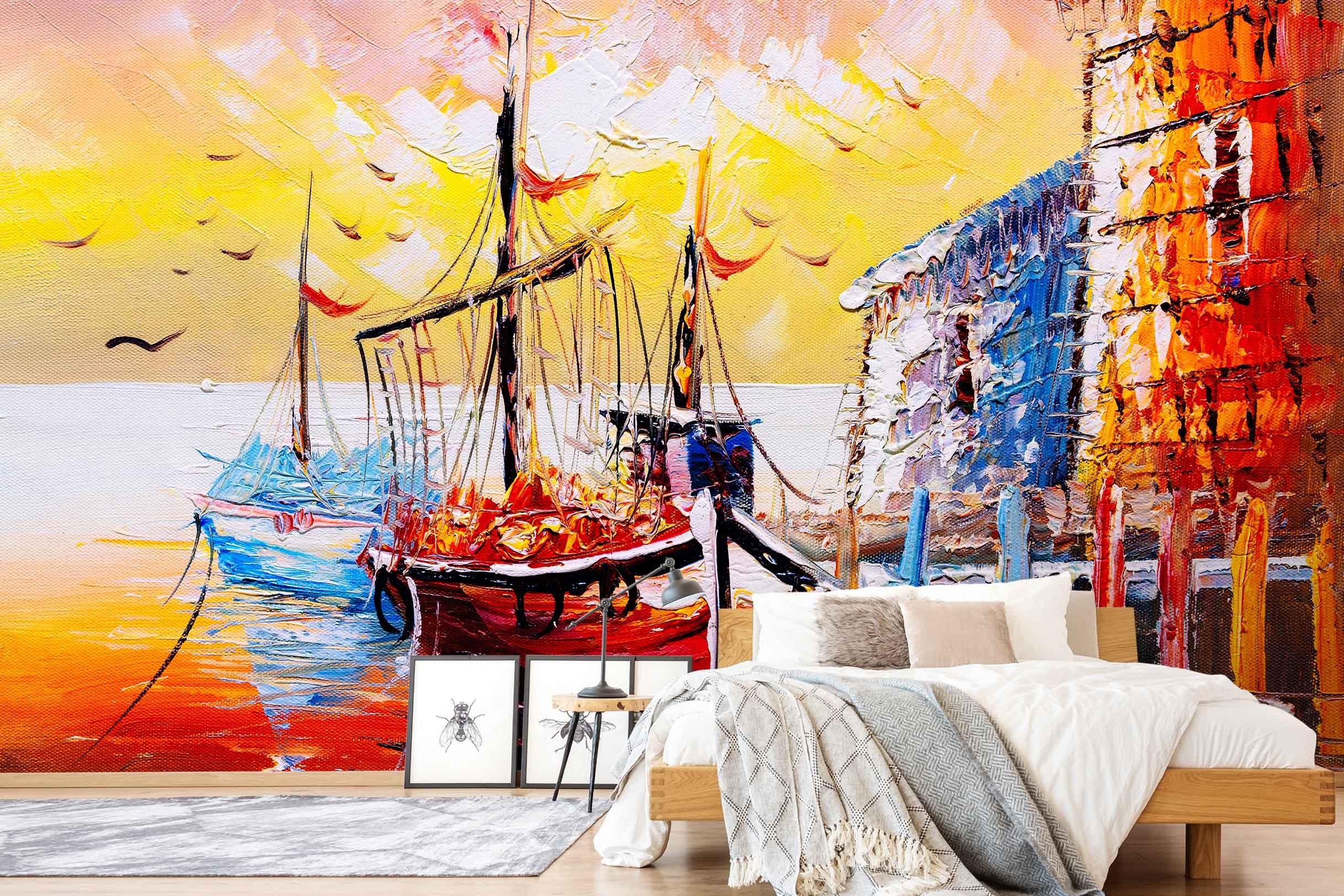 3D Ocean Boat Seagull Oil Painting Wall Mural Wallpaper  sww 63- Jess Art Decoration