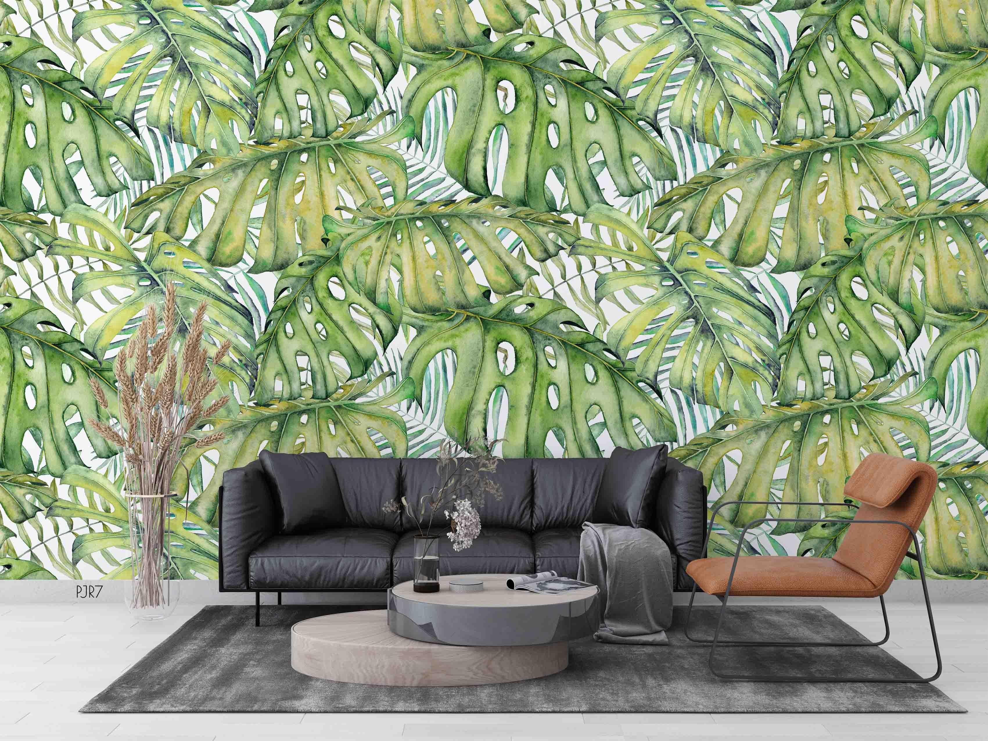 3D Green Leaf Pattern fresh leafy botanical pattern wall mural wallpaper for living room