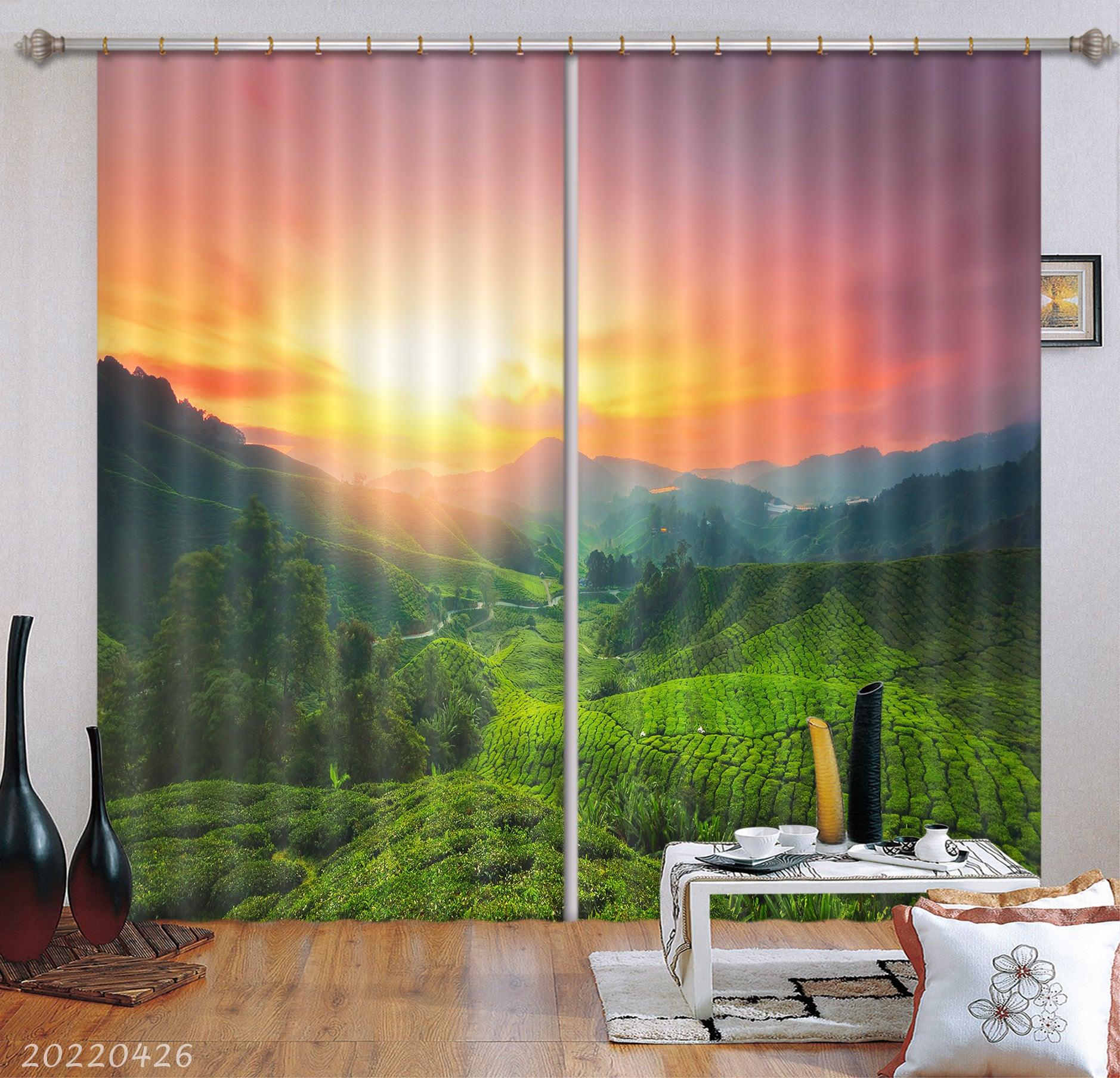 3D Landscape Mountain Tea Plantation Green Tree Sunset Curtains and Drapes GD 4873- Jess Art Decoration