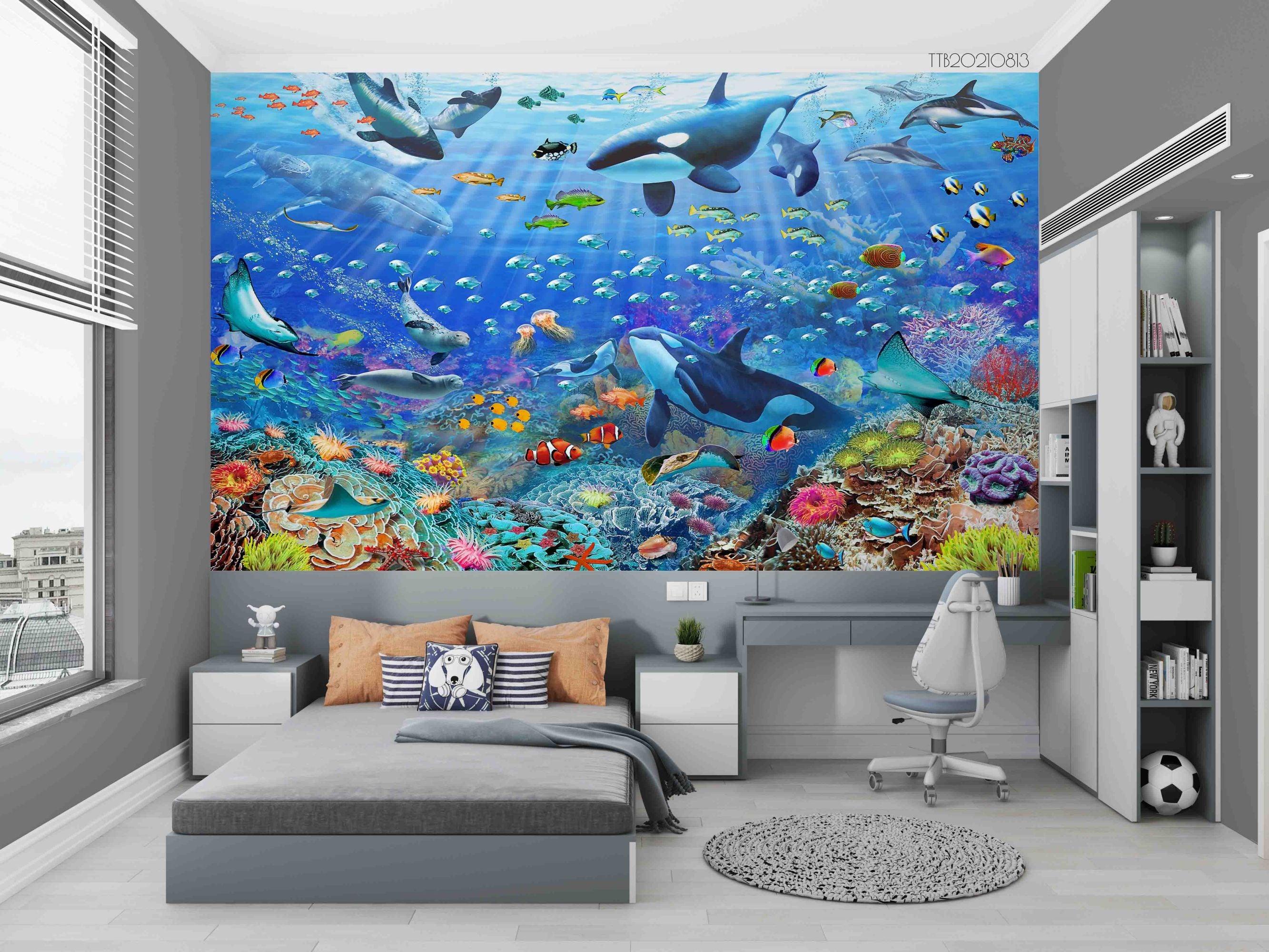 3D Underwater World Sea Animals Fish Coral Wall Mural Wallpaper GD 1903- Jess Art Decoration
