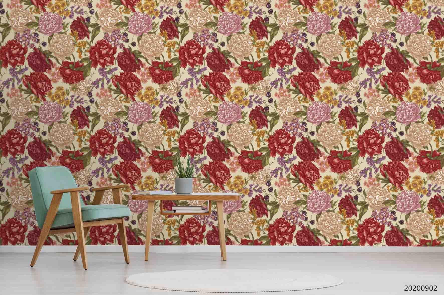 3D Hand Sketching Red Floral Plant Wall Mural Wallpaper LXL 1312- Jess Art Decoration
