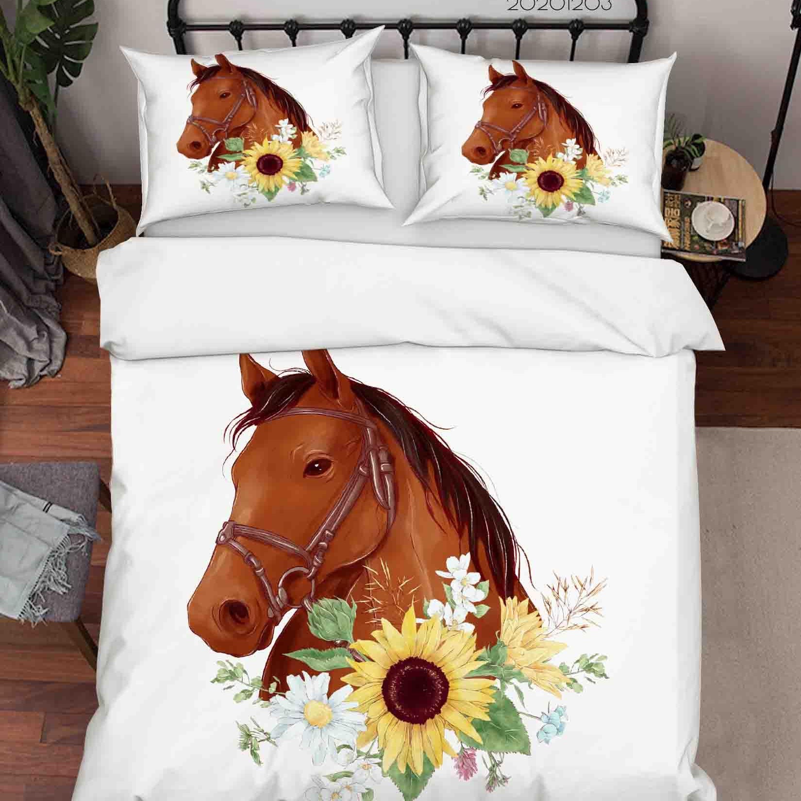 3D Hand Drawn Fine Art Brown Horse Animal Sun Flower Yellow Floral Quilt Cover Set Bedding Set Duvet Cover Pillowcases LXL- Jess Art Decoration