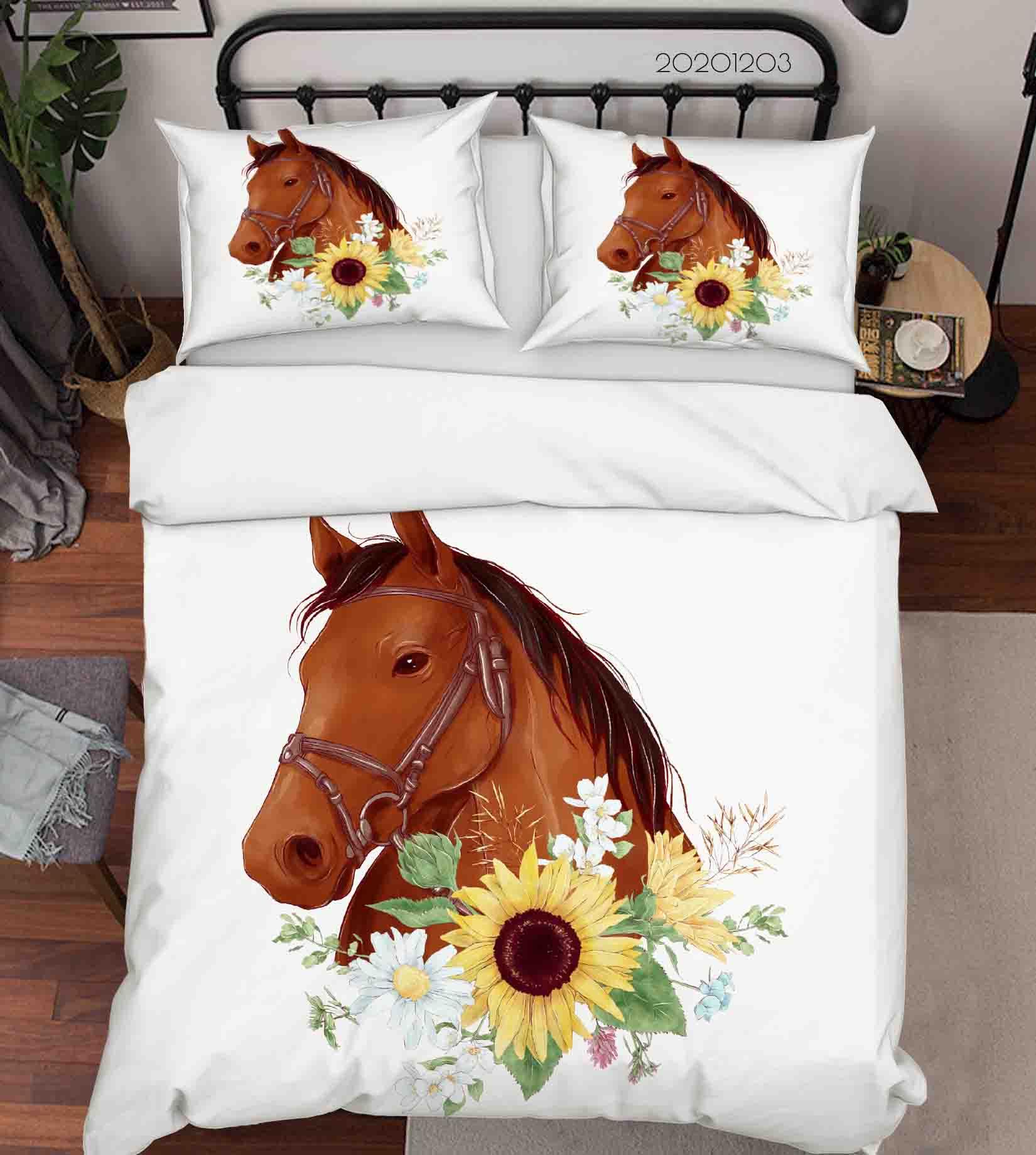 3D Hand Drawn Fine Art Brown Horse Animal Sun Flower Yellow Floral Quilt Cover Set Bedding Set Duvet Cover Pillowcases LXL- Jess Art Decoration
