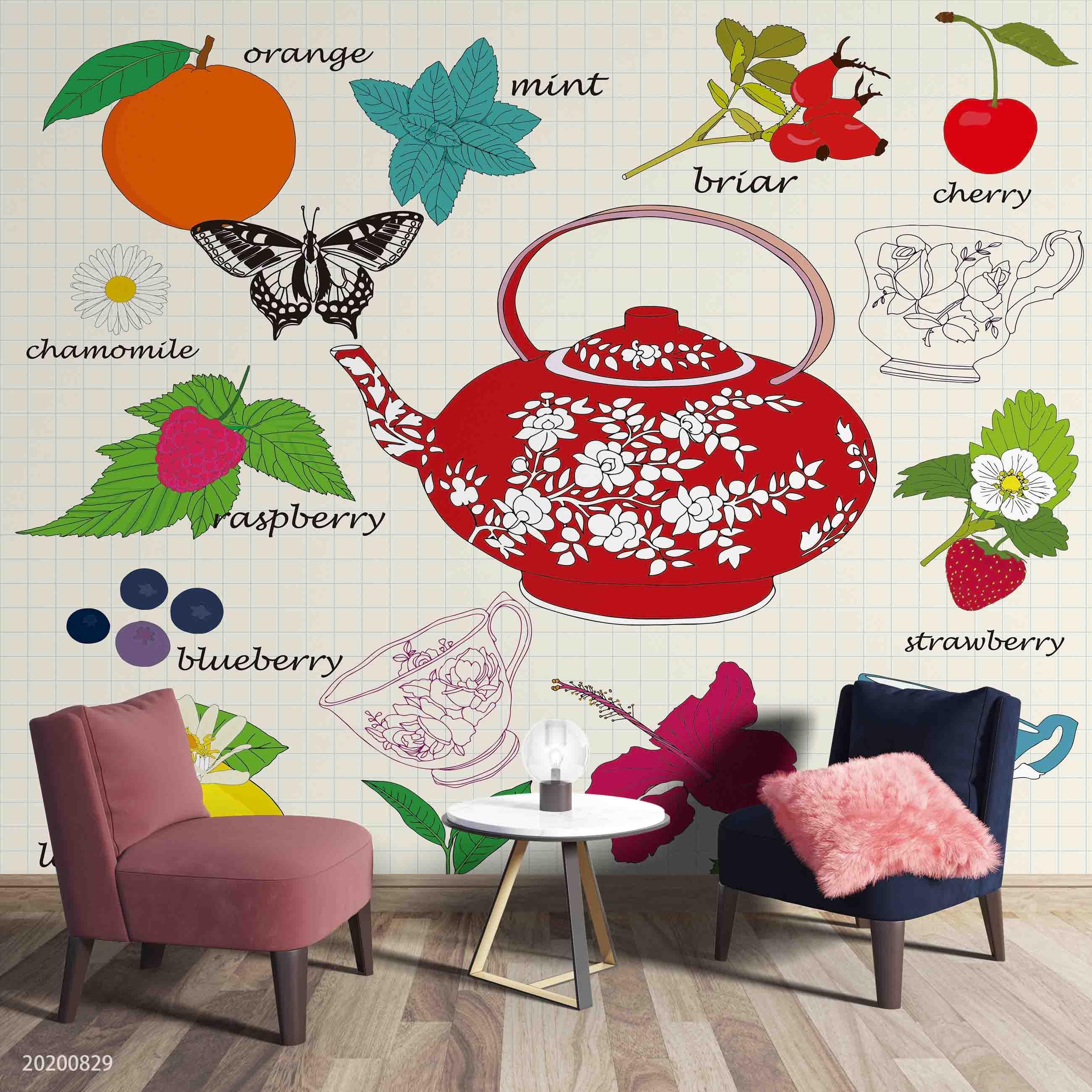 3D Vintage Butterfly Floral Teapot Fruity Tea Cup Wall Mural Wallpaper LXL 1591- Jess Art Decoration