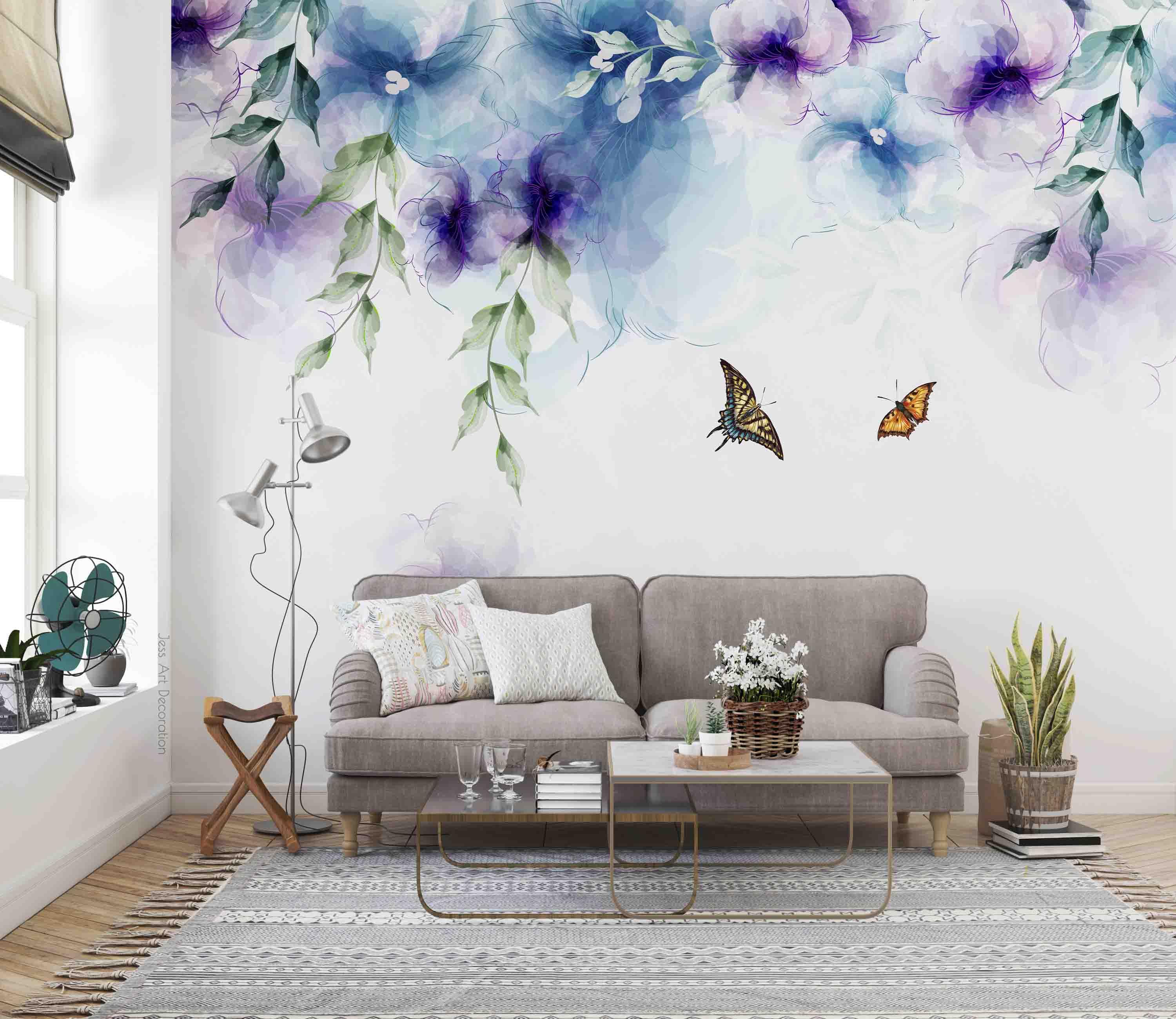 3D Purple Flower Green Leaf Butterfly Watercolor Wall Mural Wallpaper GD 2903- Jess Art Decoration