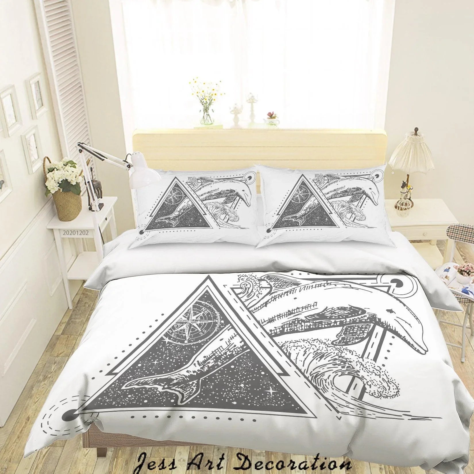 3D Hand Drawn Sea Waved Dolphin Geometric Triangle Star Quilt Cover Set Bedding Set Duvet Cover Pillowcases LXL- Jess Art Decoration