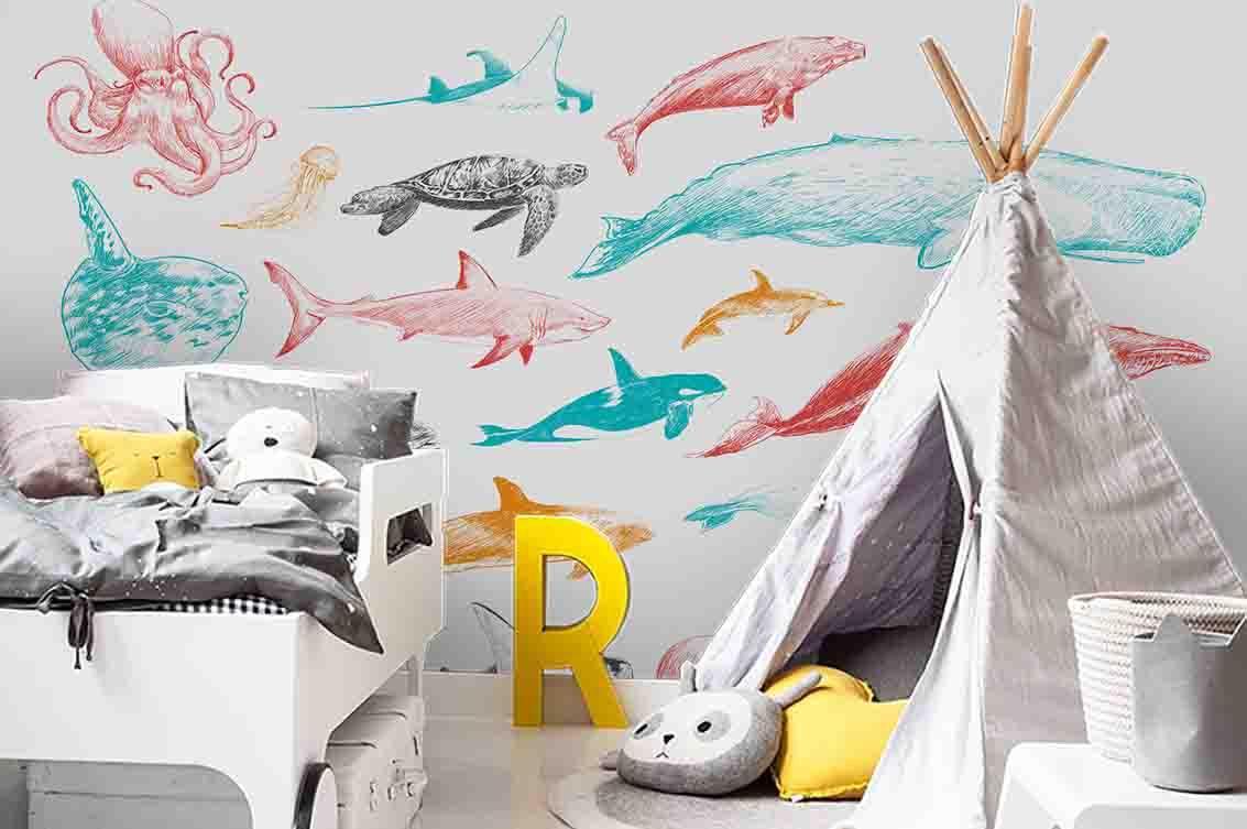 3D Whale Shark Turtle Octopus Seal Fish Wall Mural Wallpaper SF123- Jess Art Decoration