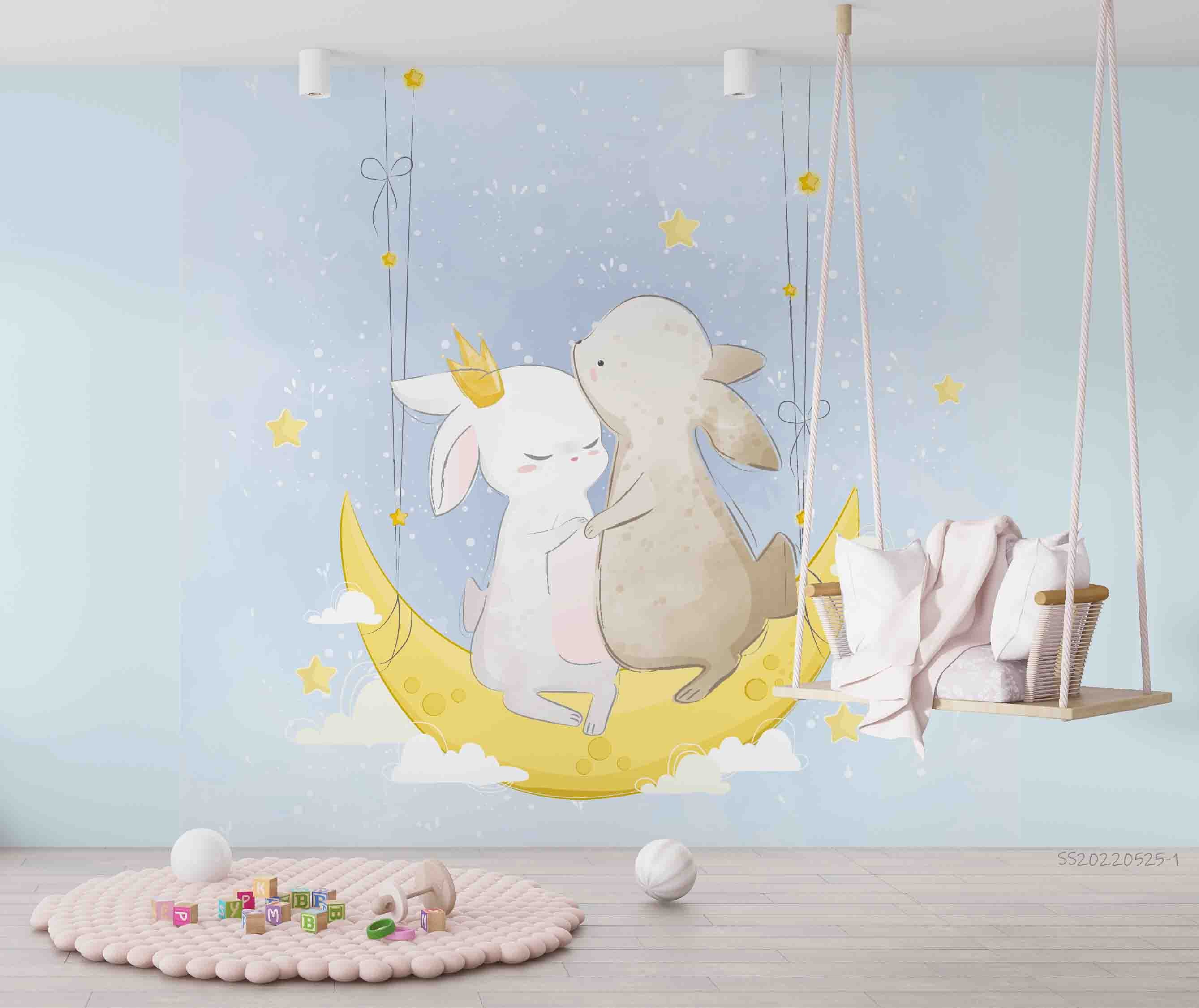 3D Watercolor Moon Rabbit Star Wall Mural Wallpaper GD 4810- Jess Art Decoration