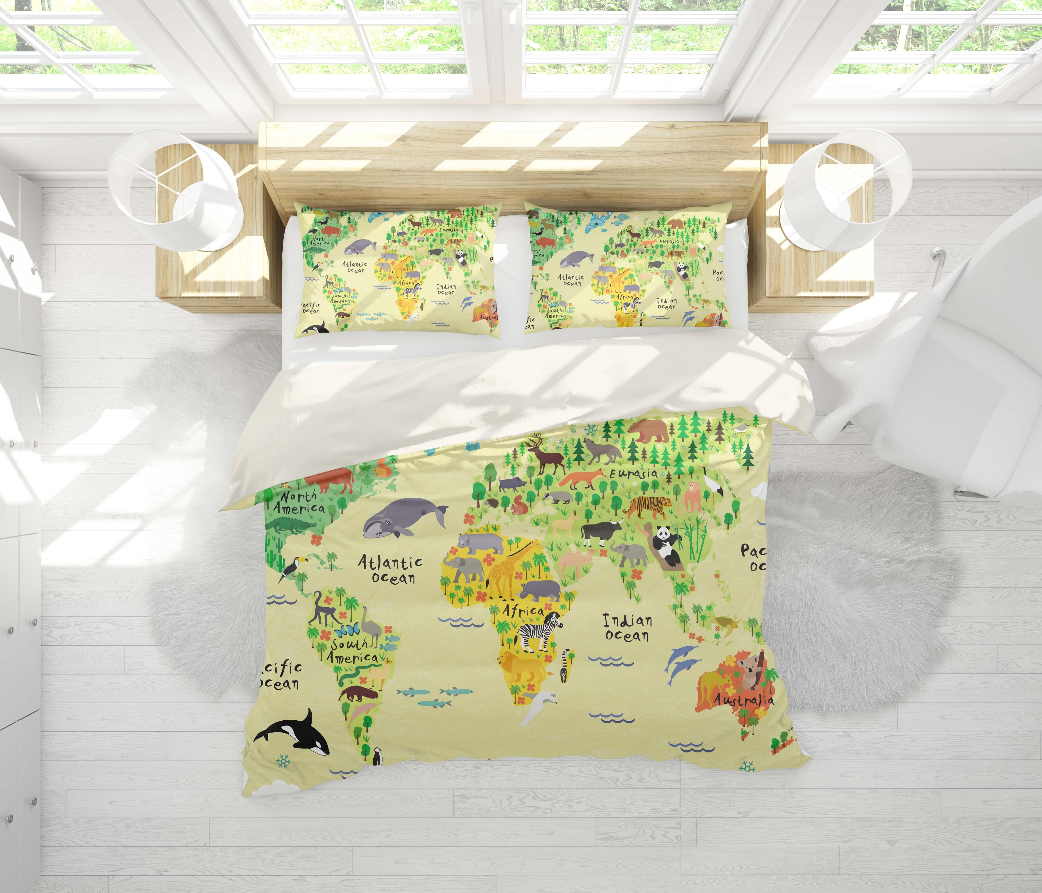 3D Green Animals World Map Quilt Cover Set Bedding Set Pillowcases 13- Jess Art Decoration
