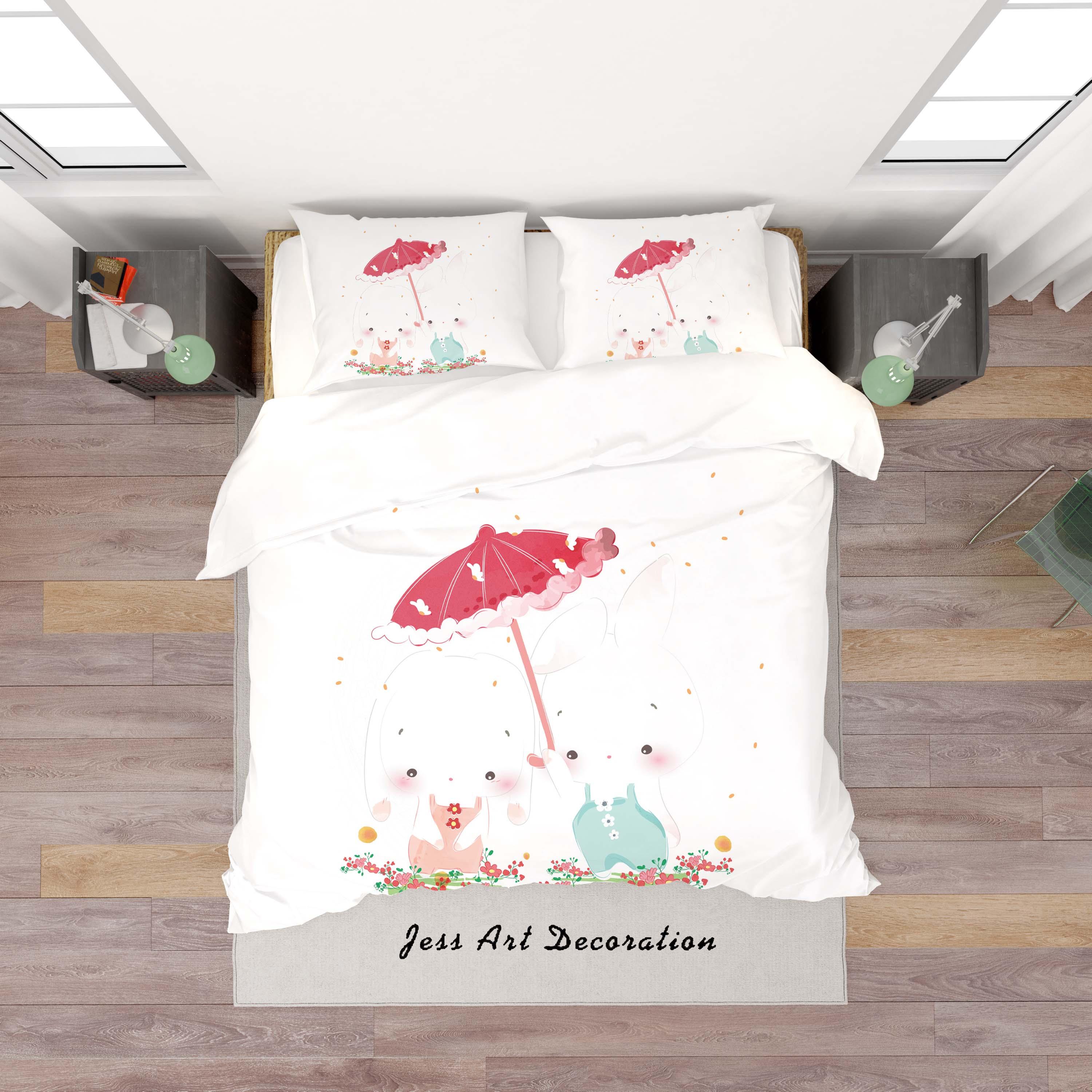 3D White Rabbit Umbrella Quilt Cover Set Bedding Set Duvet Cover Pillowcases SF97- Jess Art Decoration