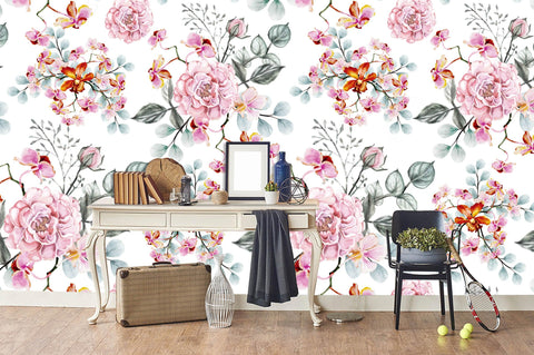 3D Pink Peony Floral Blue Leaves Wall Mural Wallpaper 08- Jess Art Decoration