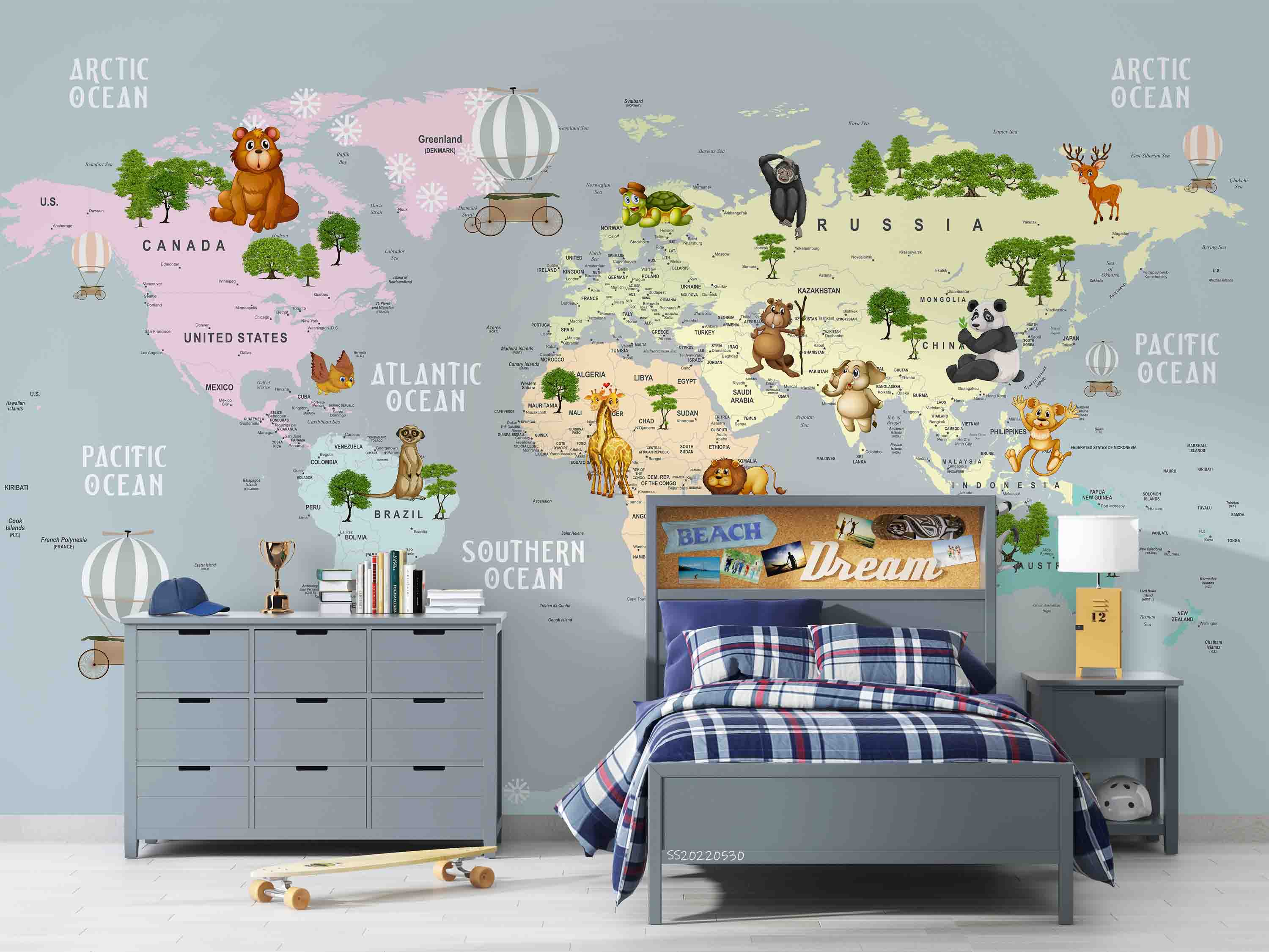 3D World Map Cartoon Animal Plant Wall Mural Wallpaper GD 4- Jess Art Decoration