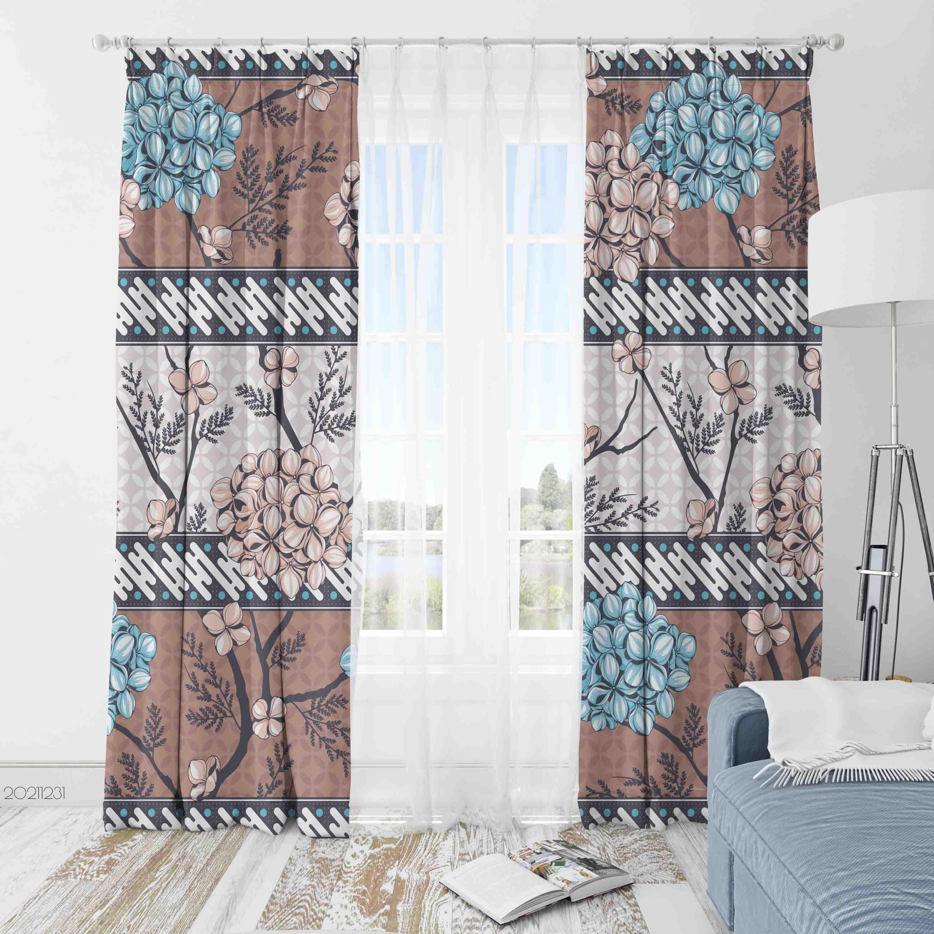 3D Vintage Brown Blue Flower Curtains and Drapes GD 68- Jess Art Decoration