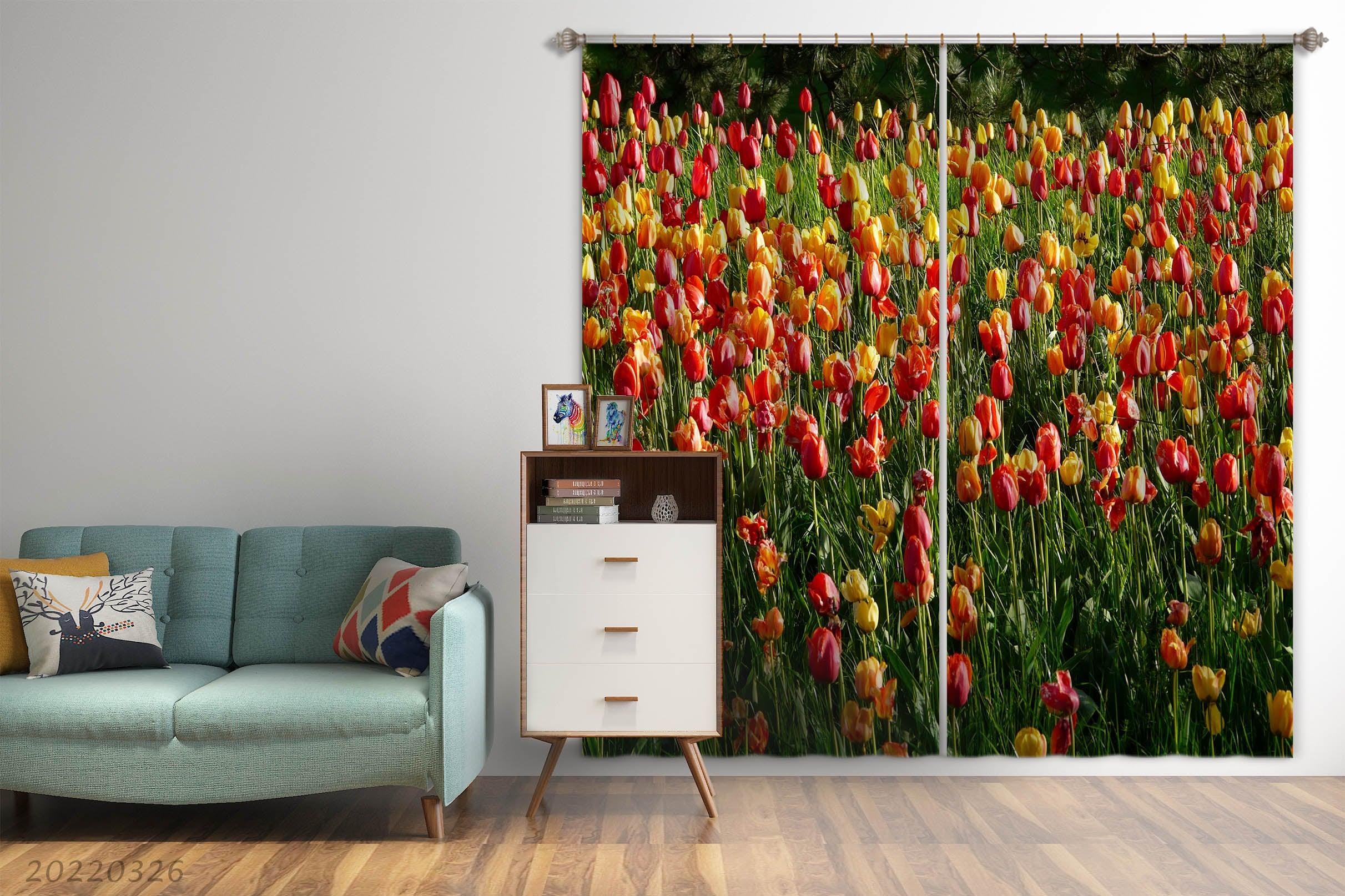 3D Idyllic Tulip Flower Pink Yellow Curtains and Drapes GD 3020- Jess Art Decoration