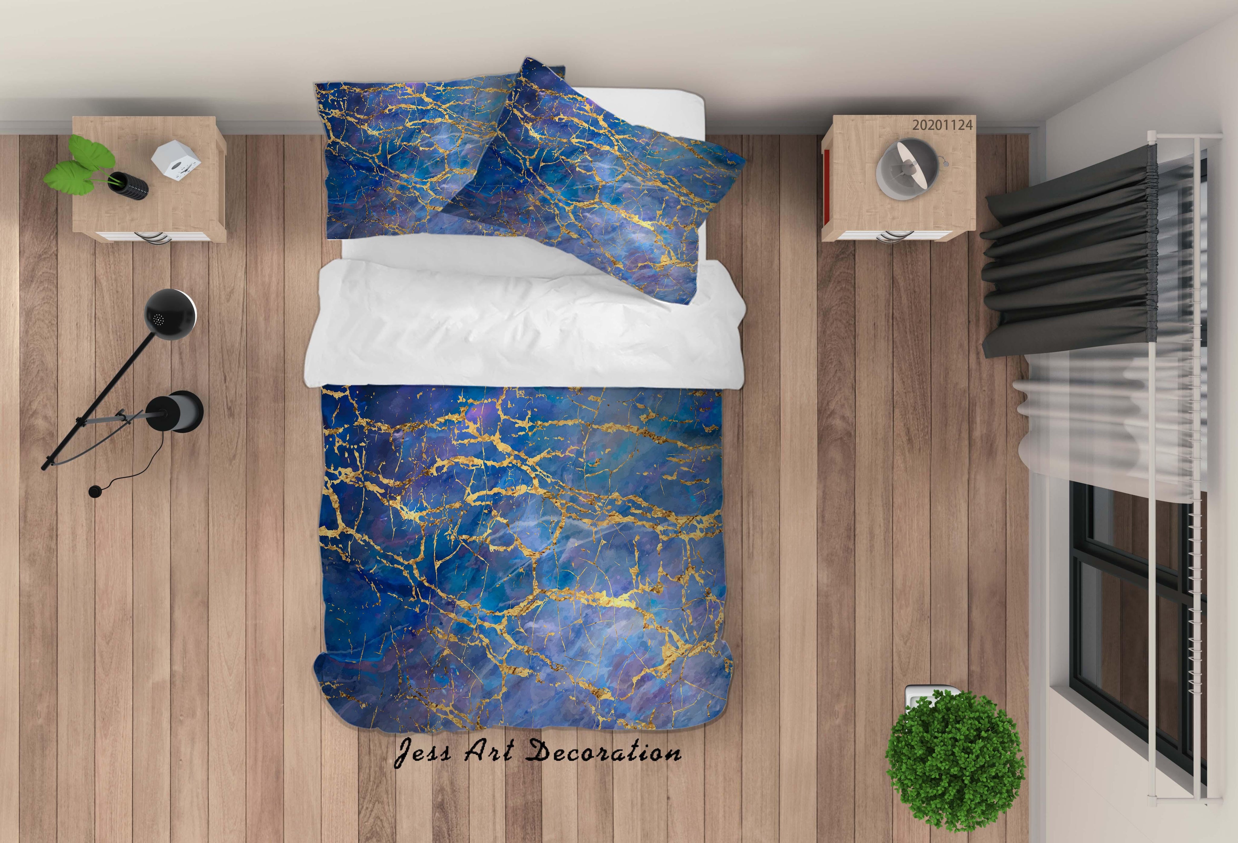 3D Abstract Golden Blue Marbled Quilt Cover Set Bedding Set Duvet Cover Pillowcases LXL- Jess Art Decoration