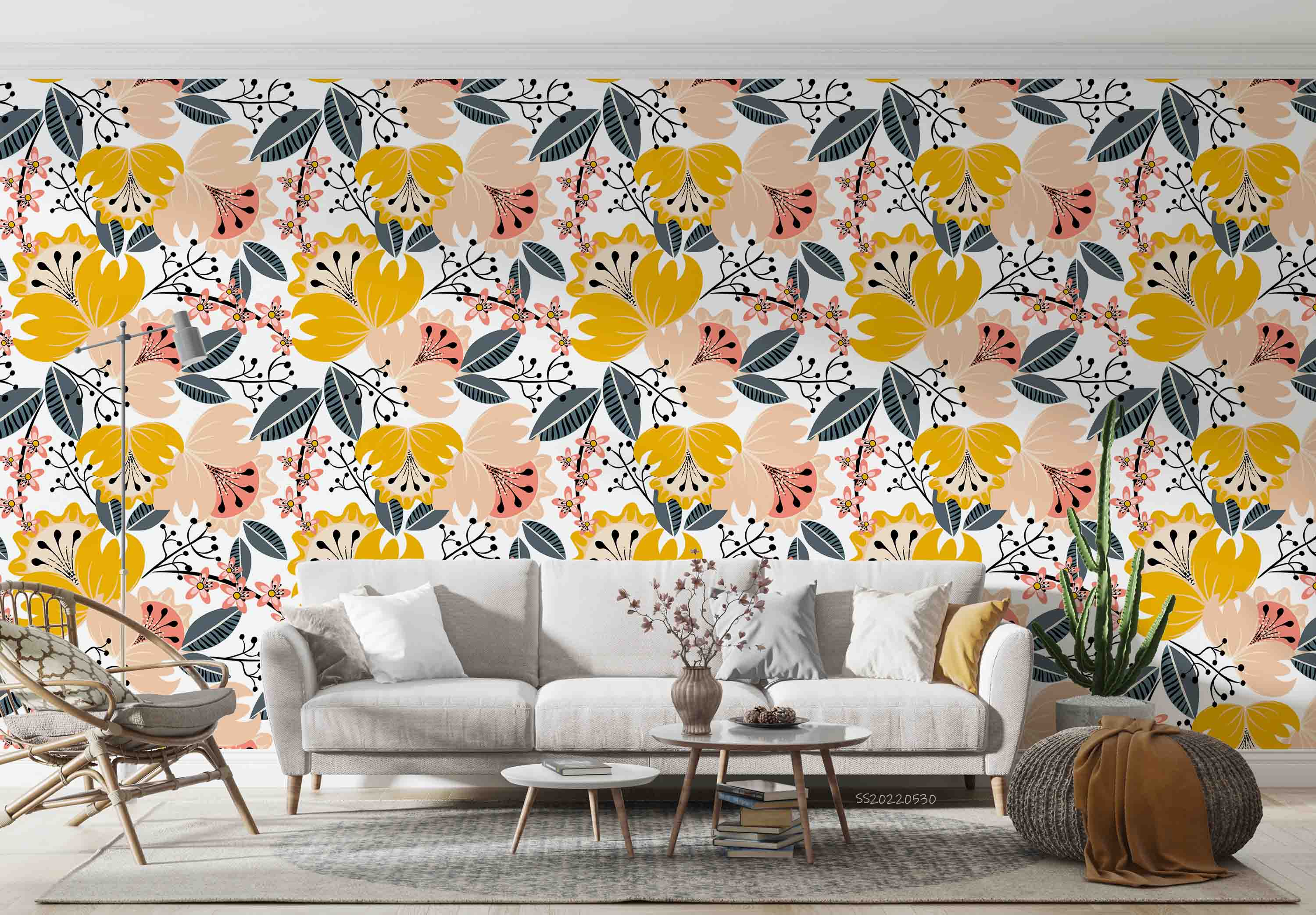 3D Vintage Yellow Floral Leaf White Wall Mural Wallpaper GD 5- Jess Art Decoration