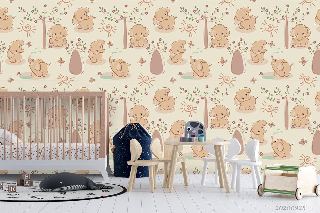 Cartoon Sunny Floral Elephant Animal Wall Mural Wallpaper LXL- Jess Art Decoration
