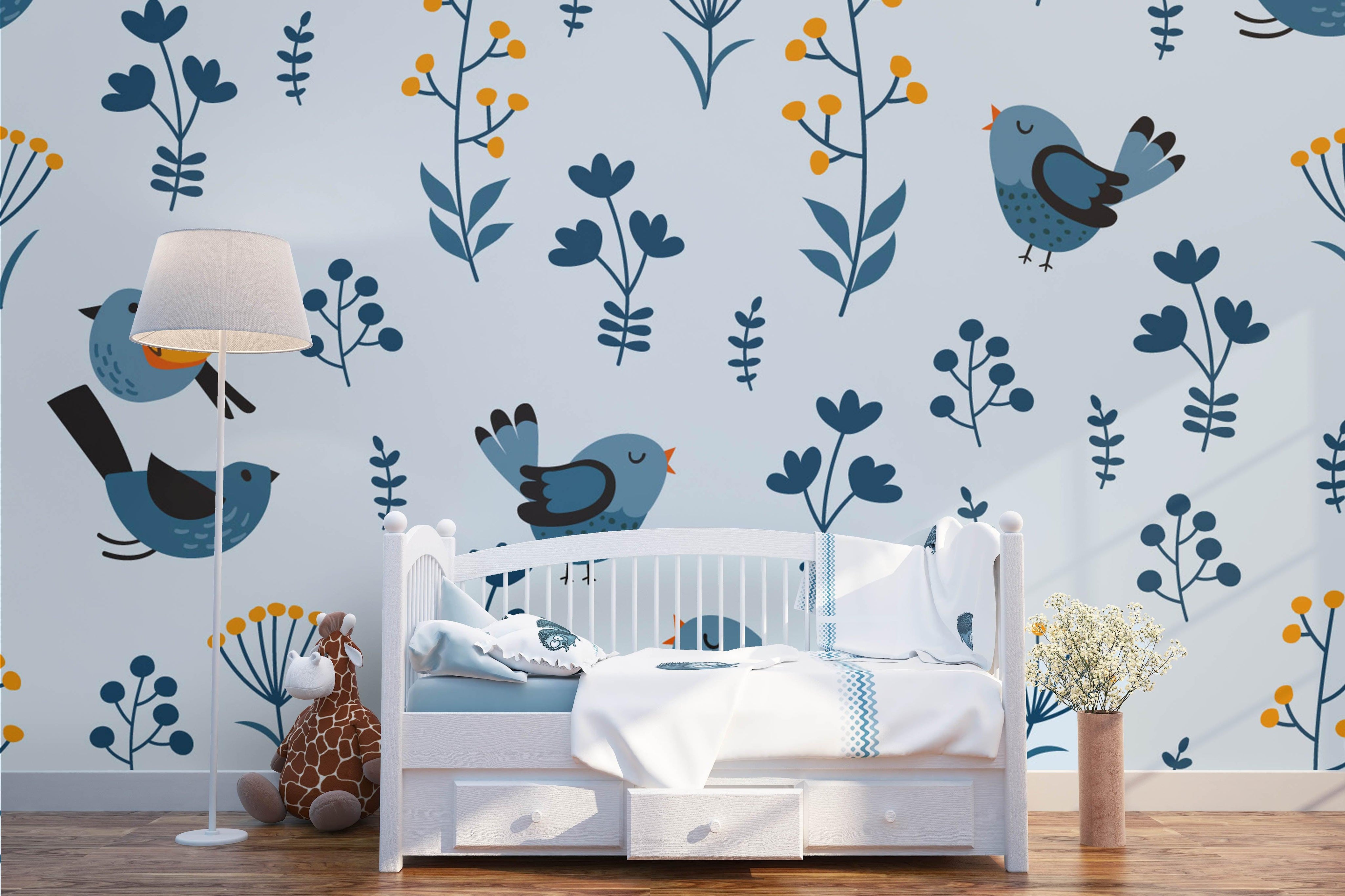 3D Blue Leaf Bird Wall Mural Wallpaper 62- Jess Art Decoration