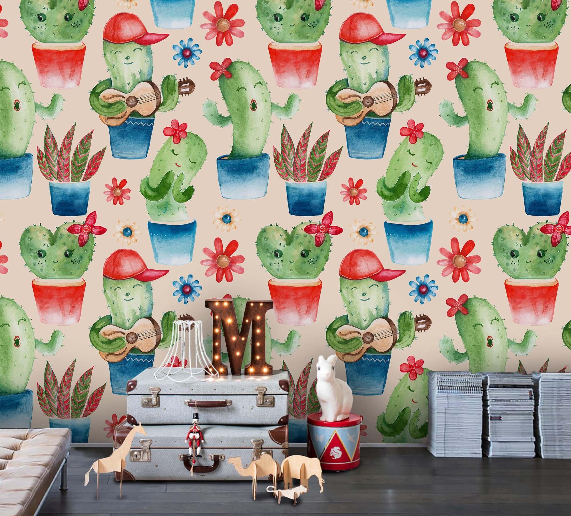 3D Cartoon Cactus Wall Mural Wallpaper 103- Jess Art Decoration