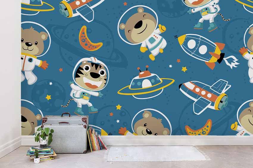 3D Cartoon Animal Spaceman Rocket Wall Mural Wallpaper A209 LQH- Jess Art Decoration