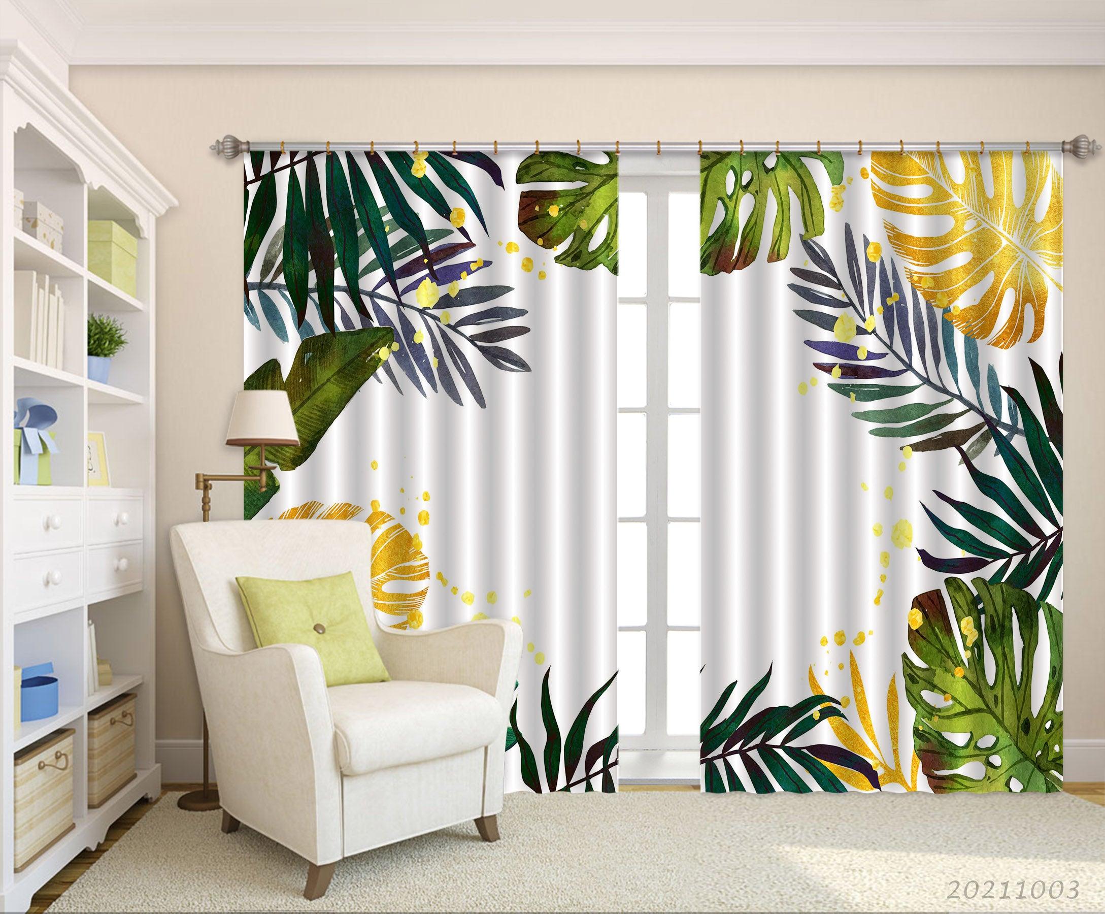 3D Tropical Green Golden Leaf Curtains and Drapes LQH 122- Jess Art Decoration
