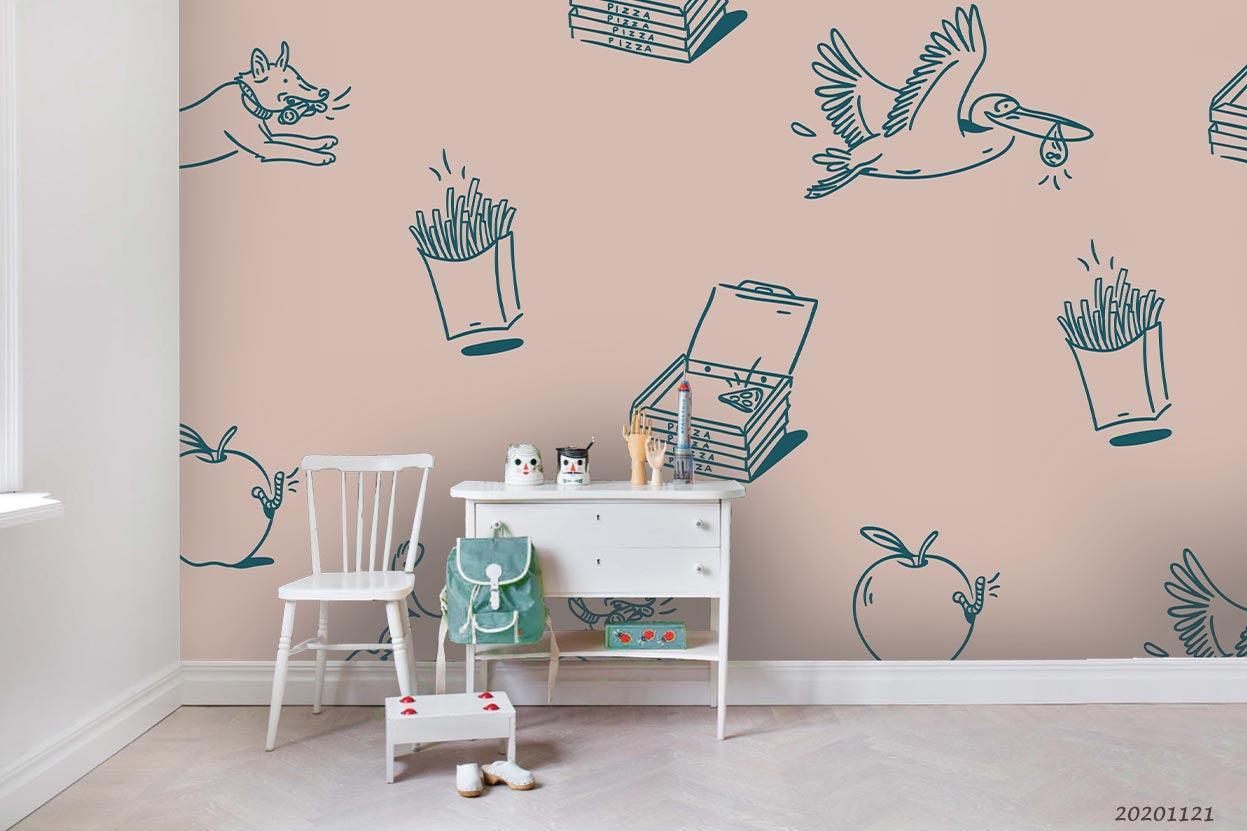 3D Cartoon Hand Drawn French Fries Apple Bird Animal Pattern Wall Mural Wallpaper LXL- Jess Art Decoration