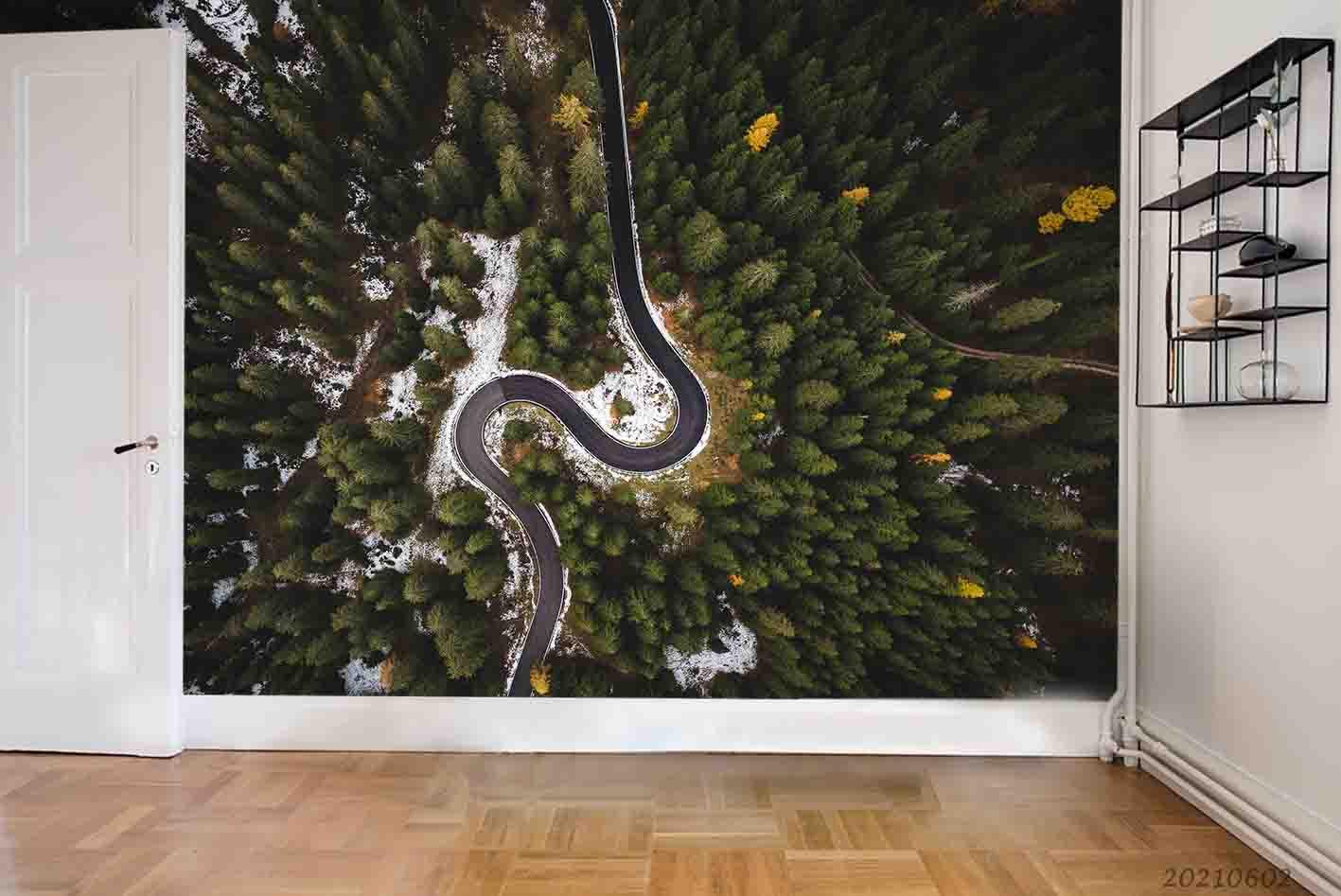 3D Overlooking Forest Pine Trees Cement Road Snow Wall Mural Wallpaper SWW896- Jess Art Decoration