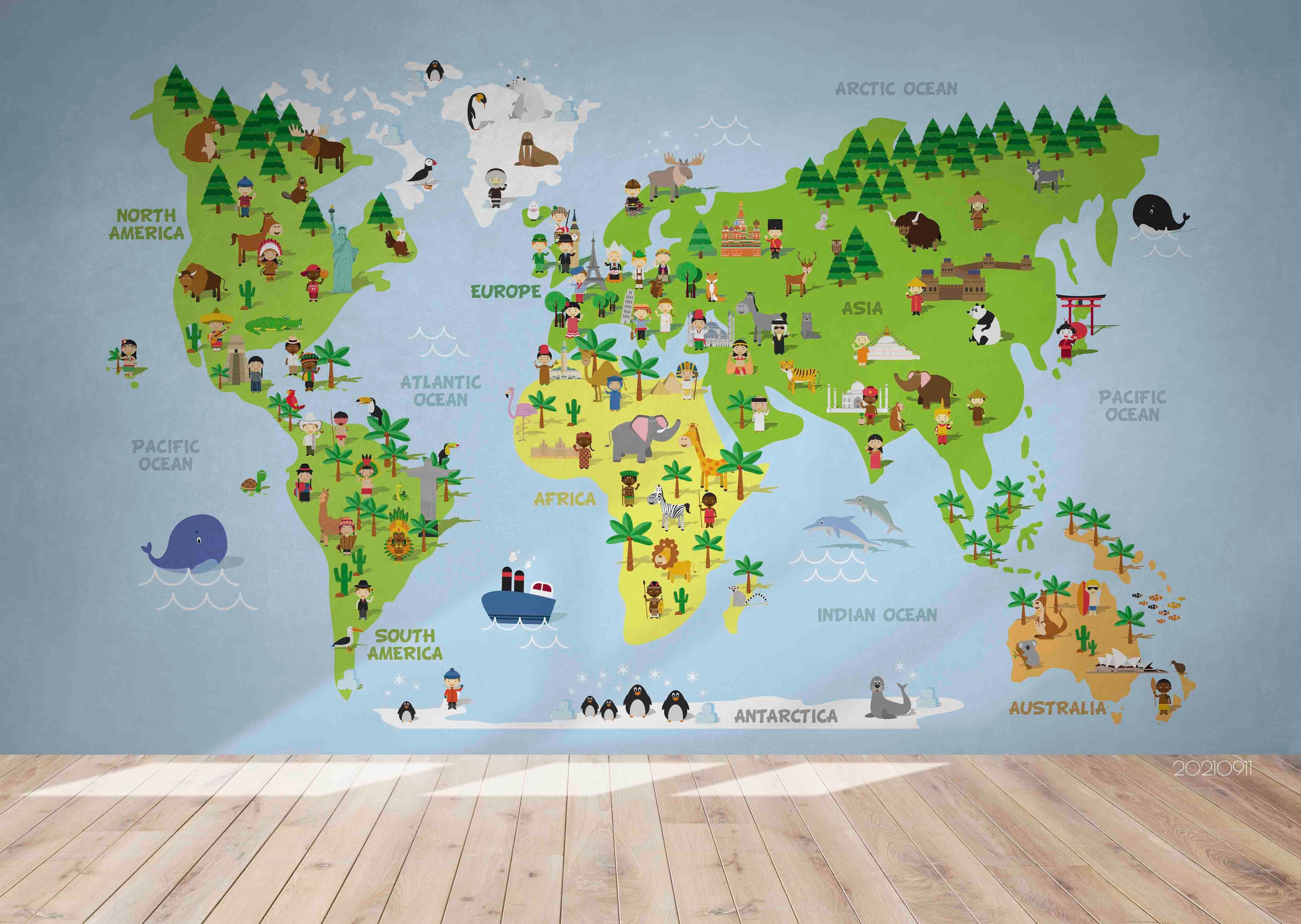3D World Map Green Kids Wall Mural Wallpaper LQH 815- Jess Art Decoration