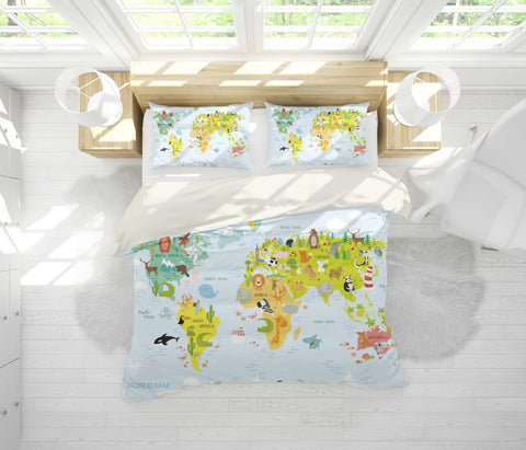 3D Blue World Map Quilt Cover Set Bedding Set Pillowcases 4- Jess Art Decoration