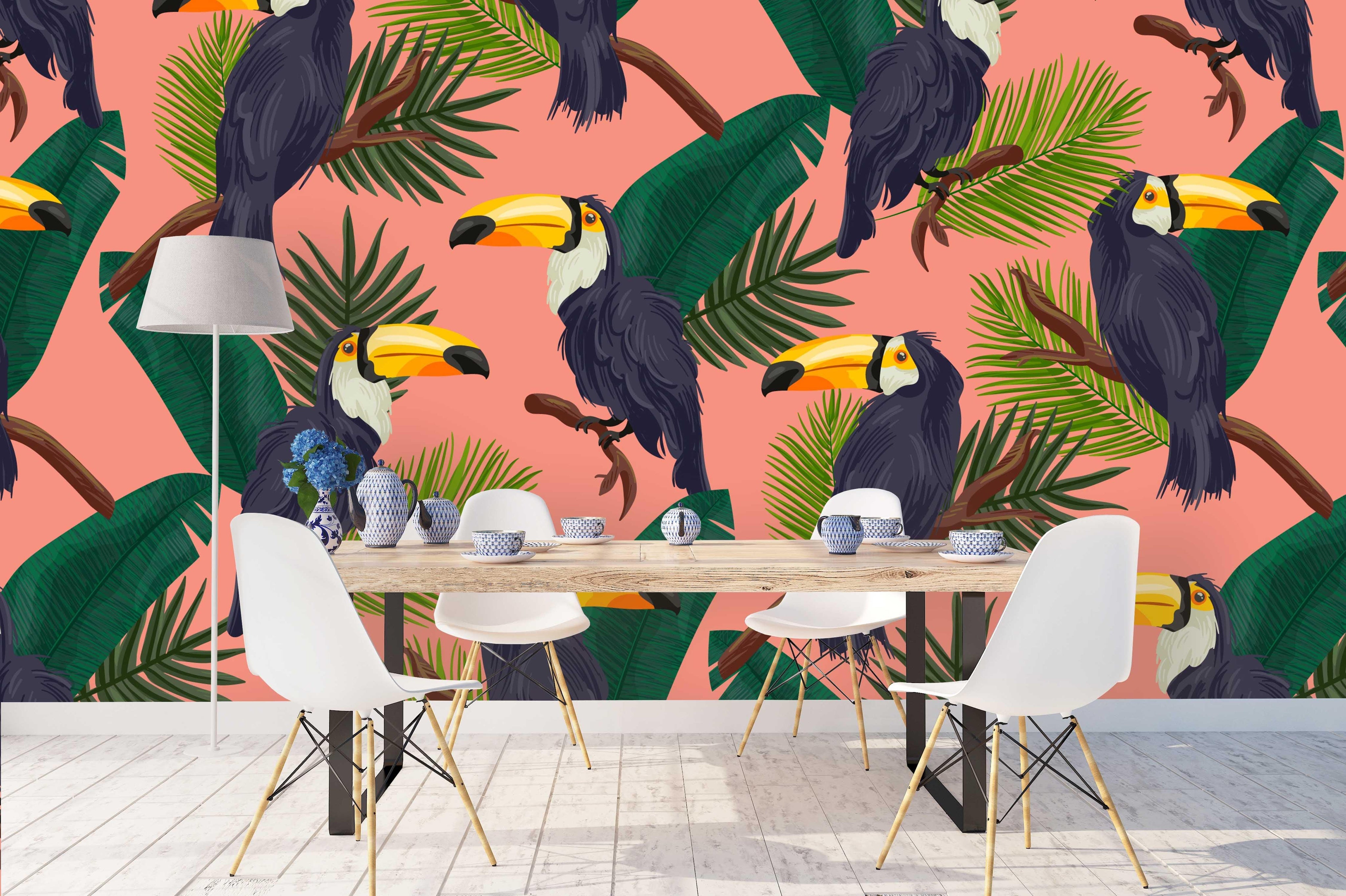 3D Green Leaf Long Beaked Bird Pink Wall Mural Wallpaper 6- Jess Art Decoration